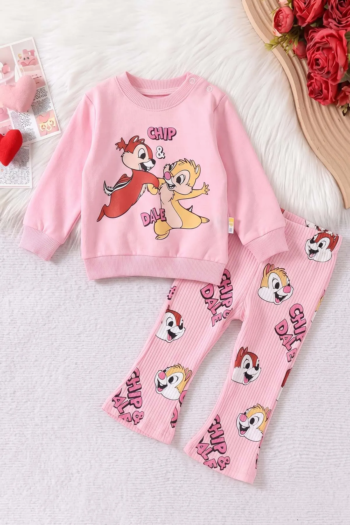 Pembe (6-24 Ay) Sincap Baskılı Sweat ve Fitilli İspanyol Paça  Taytlı   Kız Bebek 2'li  Takım 472657