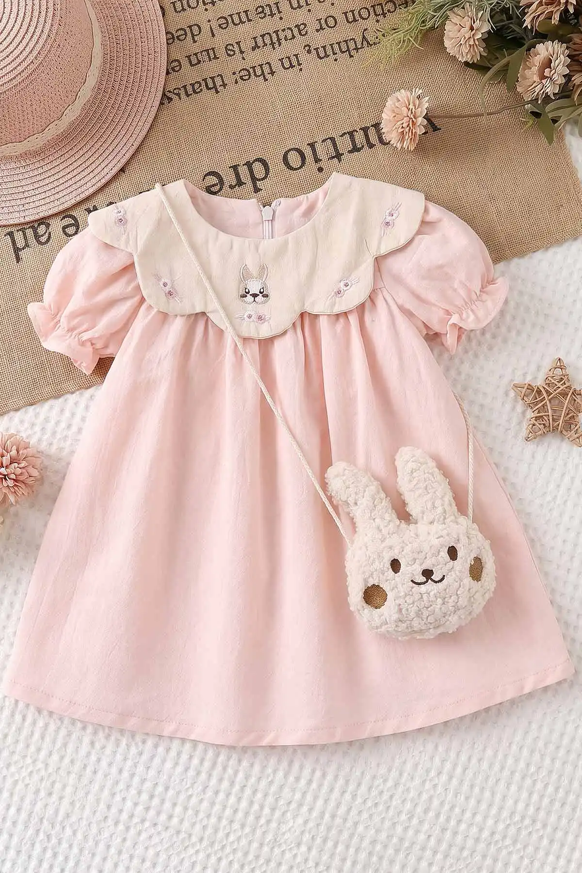 Pembe (6-24 Ay) Tavşan Çantalı Kol Lastikli Kız Bebek Elbise 470836