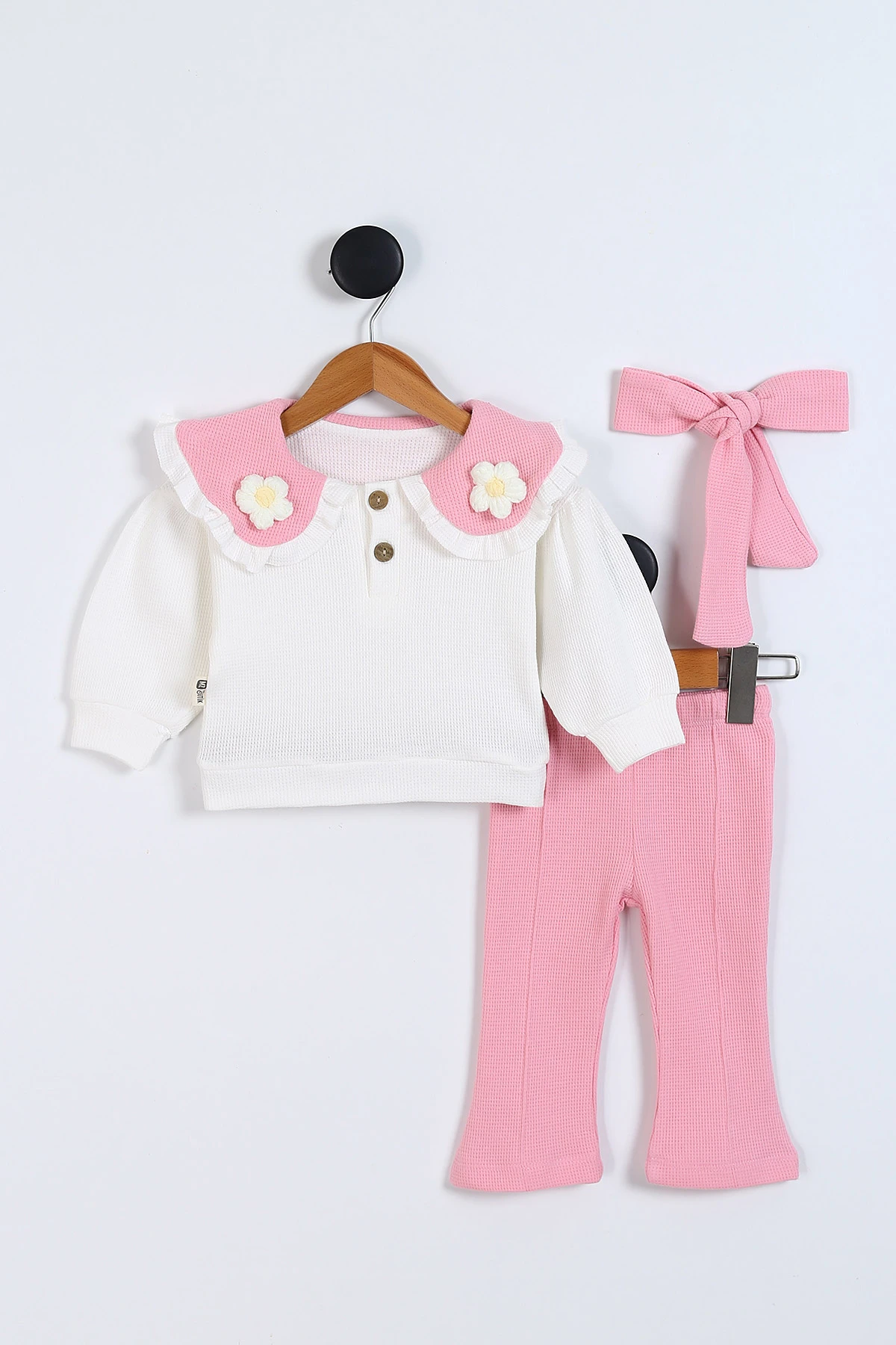 Pembe (6-24 Ay) Waffle Kumaş Yaka Papatya Figürlü Bandana  Figürlü Kız Bebek Takım 339626