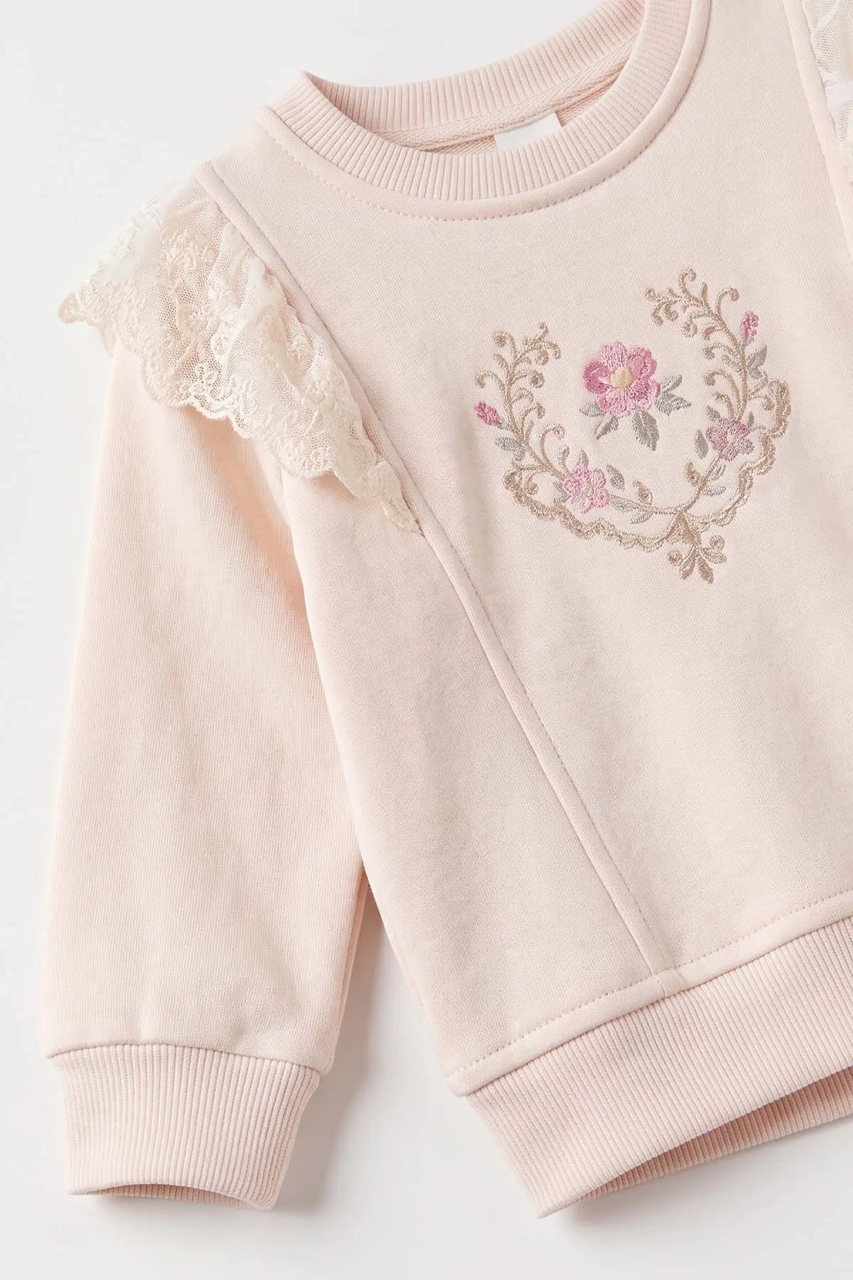 Pembe (6-24 Ay) Yaka Dantelli Çiçek Nakışlı Şardonlu Kız Bebek Takım 493654