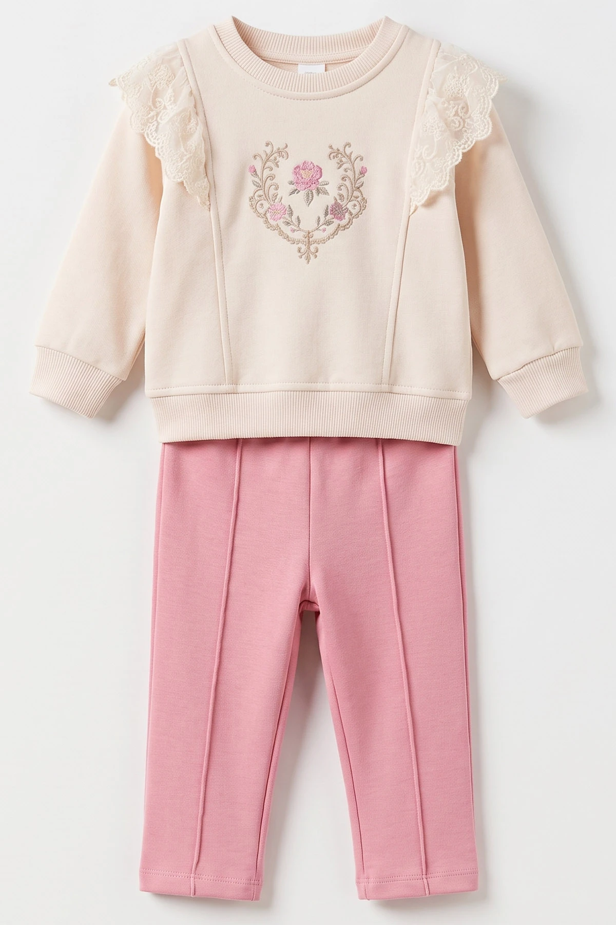 Pembe (6-24 Ay) Yaka Dantelli Çiçek Nakışlı Şardonlu Kız Bebek Takım 493654