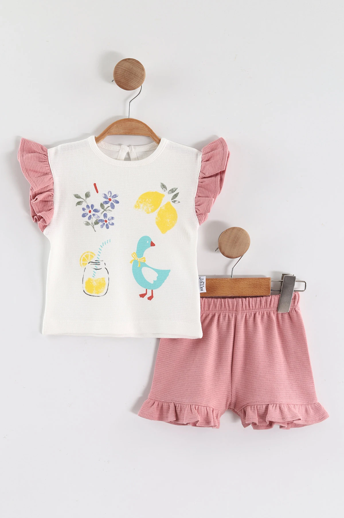 Pembe (6-24 Ay)Baskılı Koldan Fırfırlı Waffle  Kız Bebek  Yazlık Takım 440528