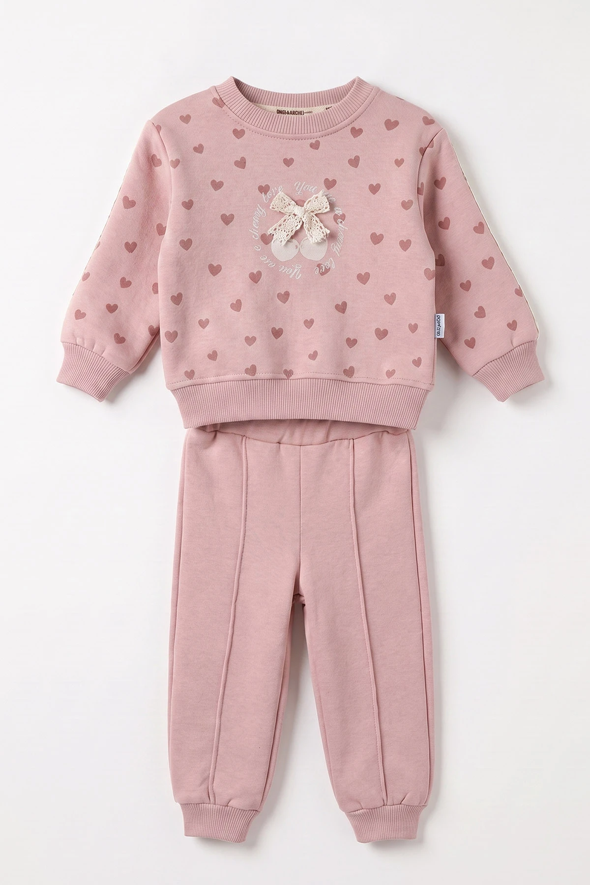 Pembe (6-24 Ay)Kalp ve Kiraz Baskılı  3 İp Şardonlu Kız Bebek Kışlık Takım 482632