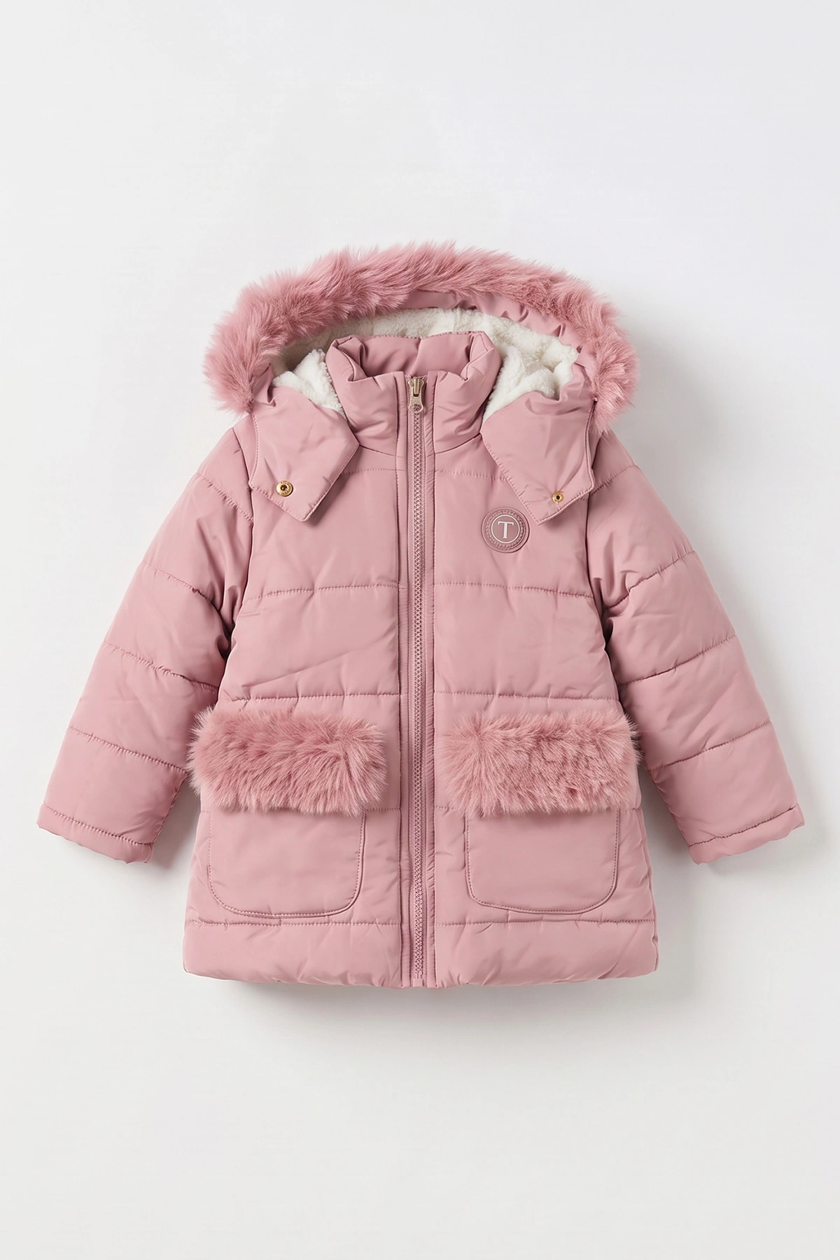 Pembe (6-9  Yaş) Cebi ve Kapüşonu Kürklü Şişme Kız Çocuk Mont 496622
