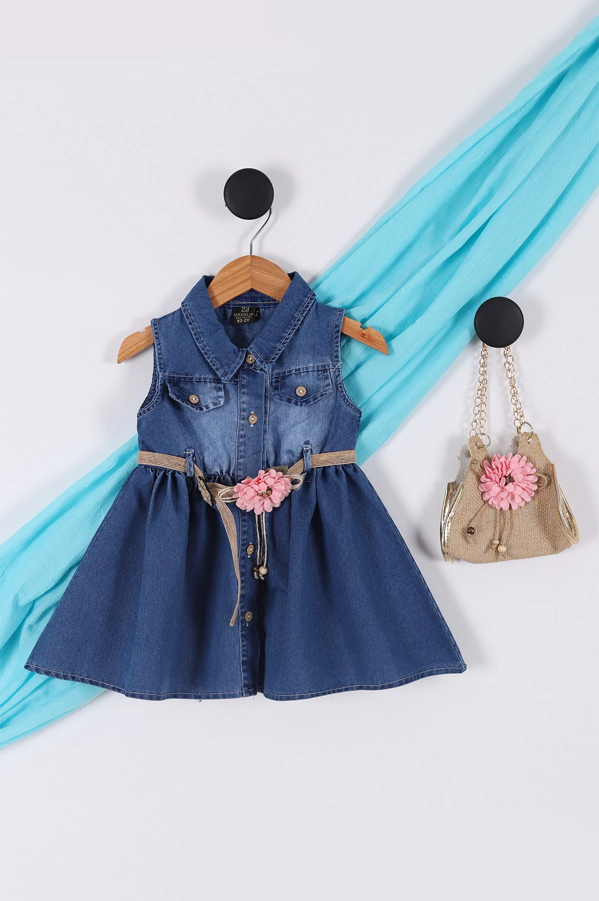 Pembe (6-9 Yaş) Hasır Kemerli Çantalı Kız Çocuk Kot Elbise 265229