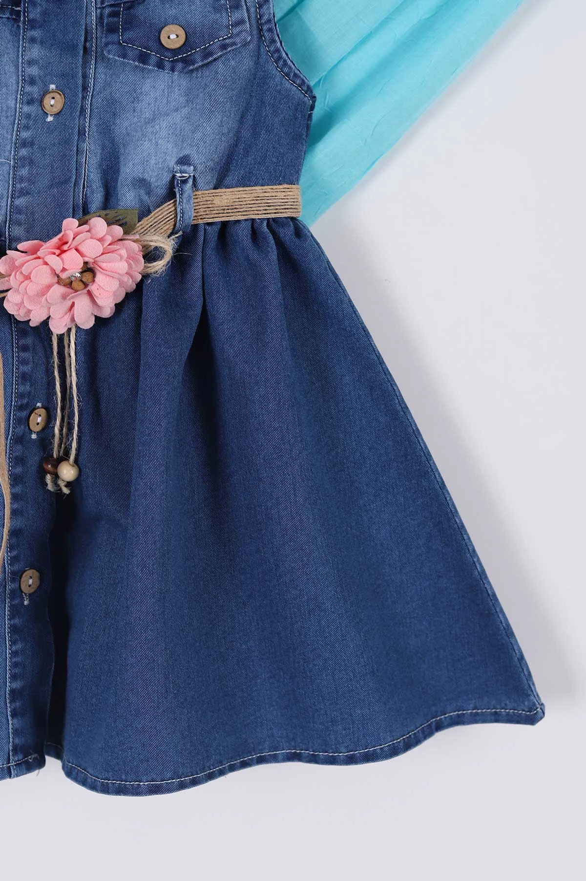 Pembe (6-9 Yaş) Hasır Kemerli Çantalı Kız Çocuk Kot Elbise 265229