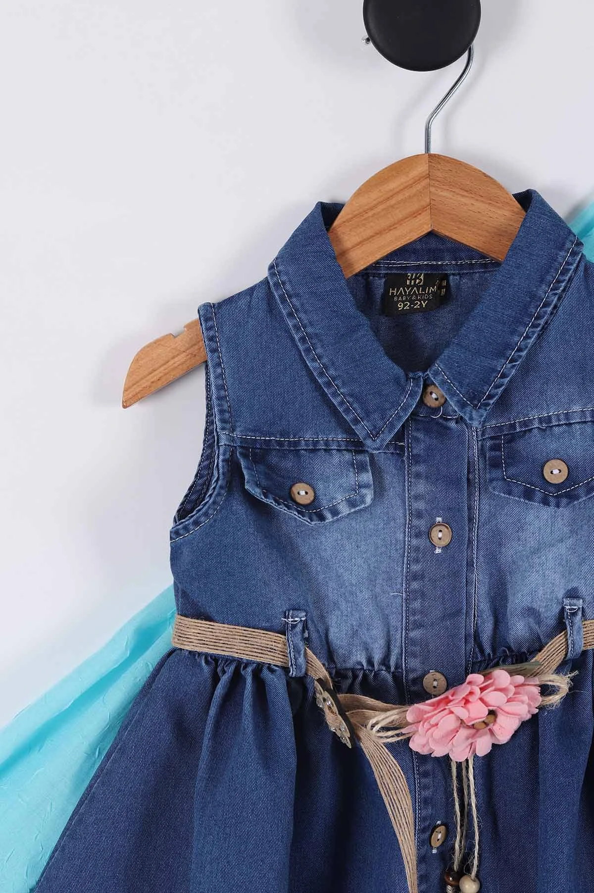 Pembe (6-9 Yaş) Hasır Kemerli Çantalı Kız Çocuk Kot Elbise 265229