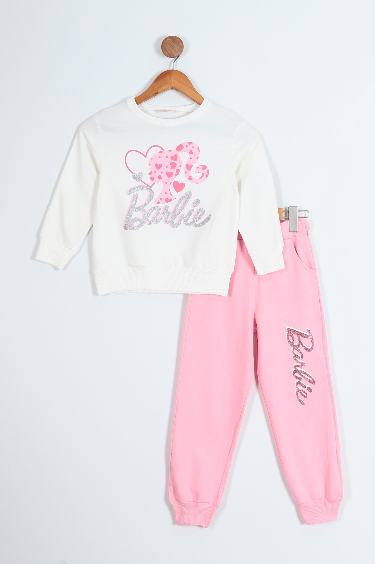 Pembe (5-9 Yaş) Kalpli Barbie Baskılı İki İp Kız Çocuk Takım 210573