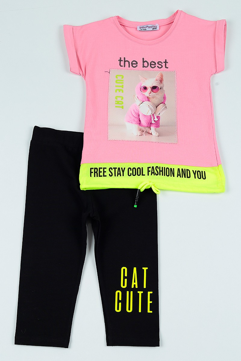 Pembe (6-9 yaş) Kedi Baskılı Kız Çocuk Takım 106161