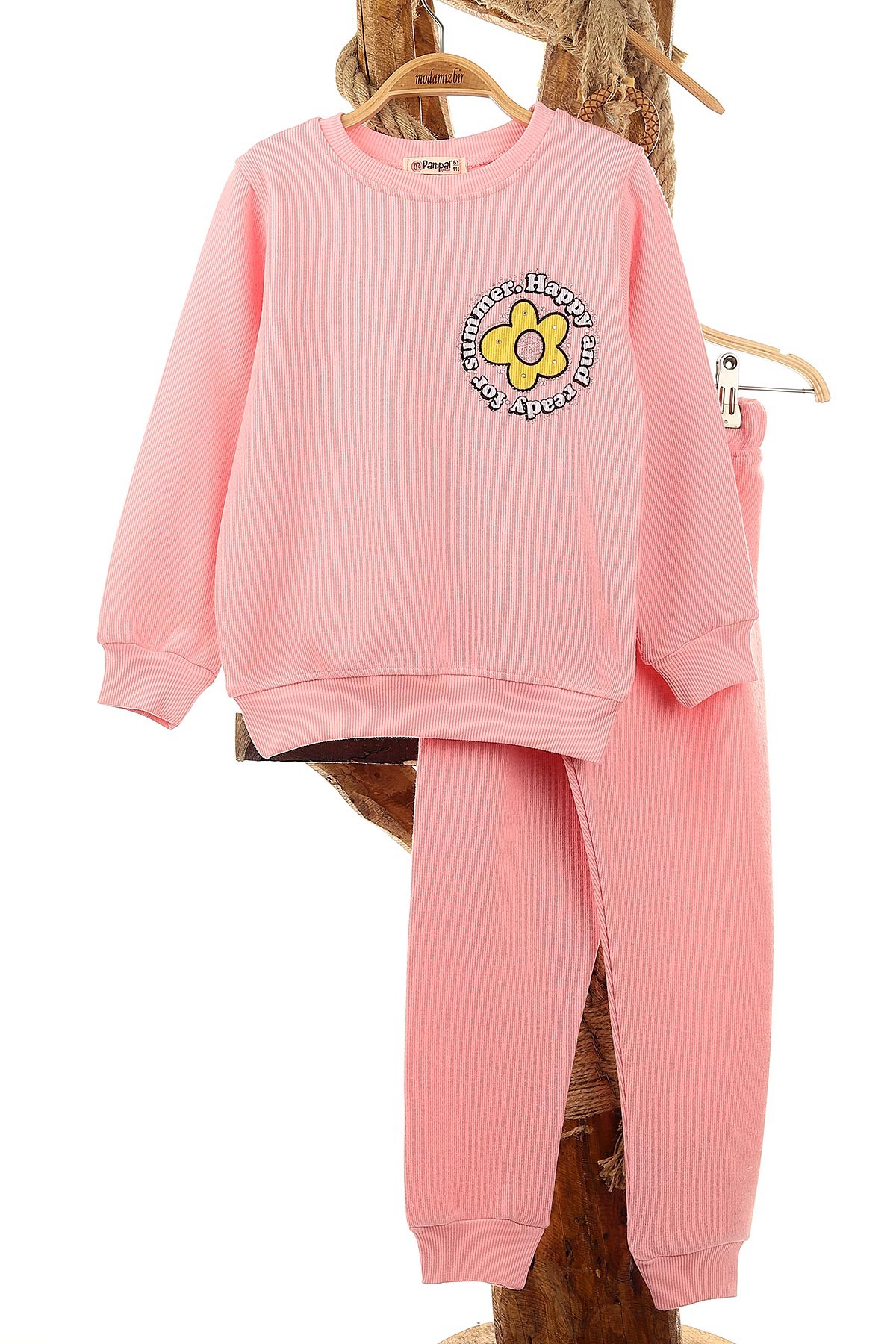 Pembe (6-9 Yaş) Papatya Baskılı Taş İşlemeli Selanik Kumaş Kız Çocuk Takım 149314
