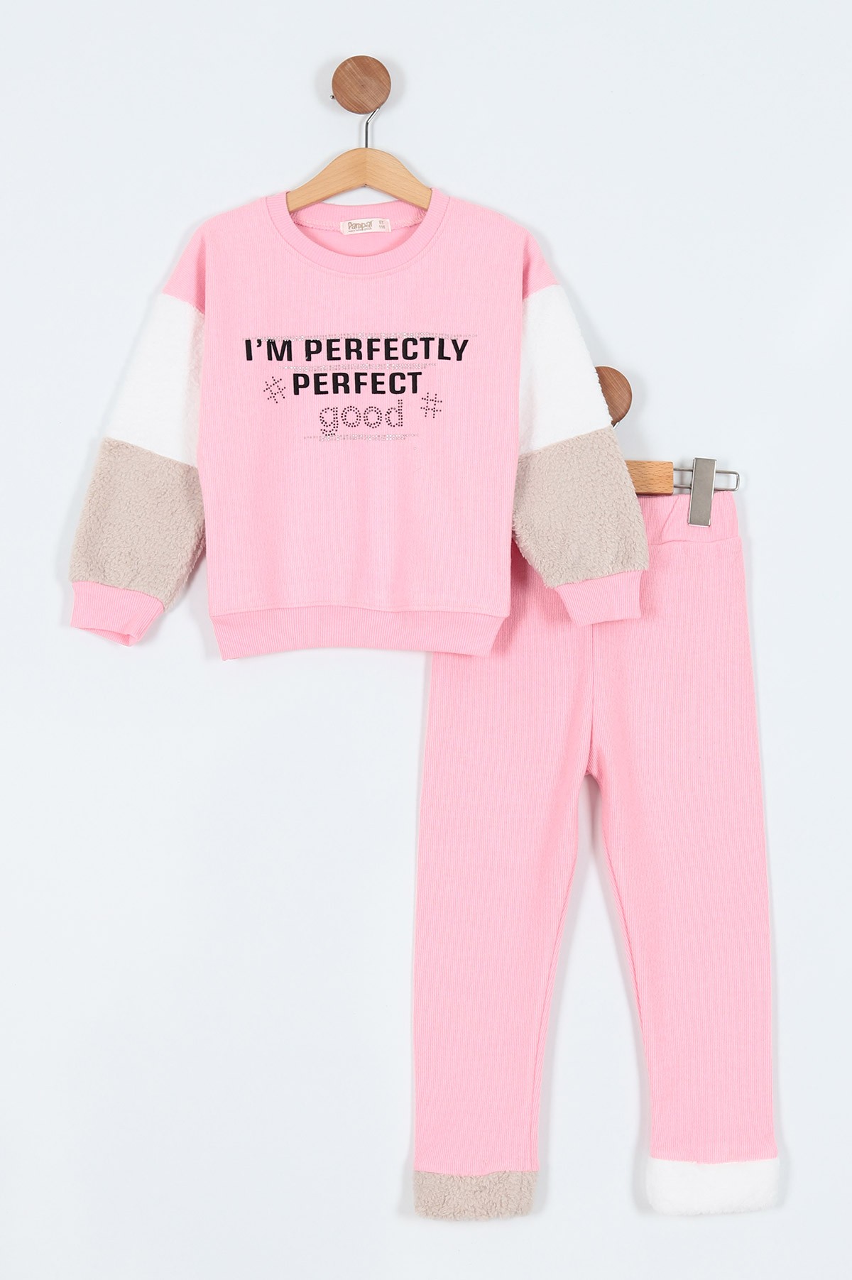 Pembe (6-9 Yaş) Perfect Baskılı Taş İşlemeli Welsoft Kol Detaylı Selanik Kumaş Kız Çocuk Takım 210014