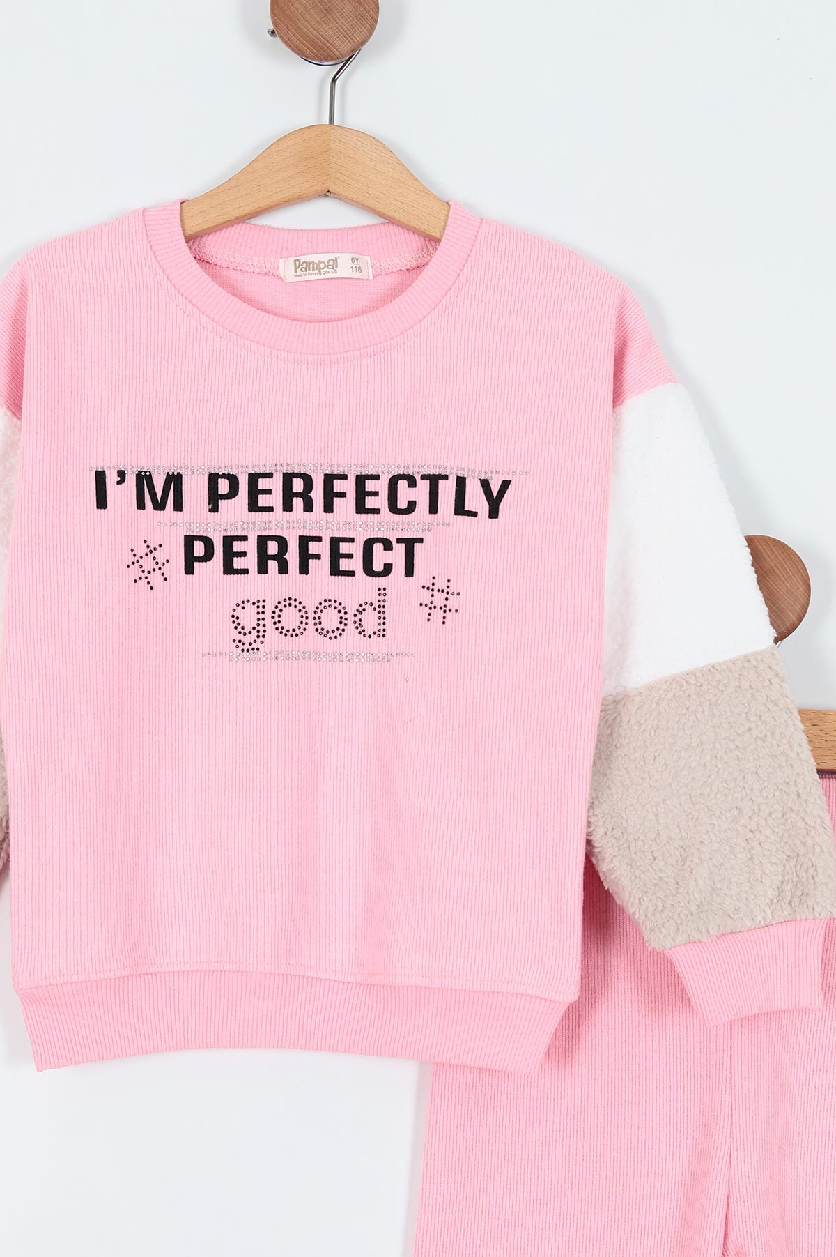 Pembe (6-9 Yaş) Perfect Baskılı Taş İşlemeli Welsoft Kol Detaylı Selanik Kumaş Kız Çocuk Takım 210014