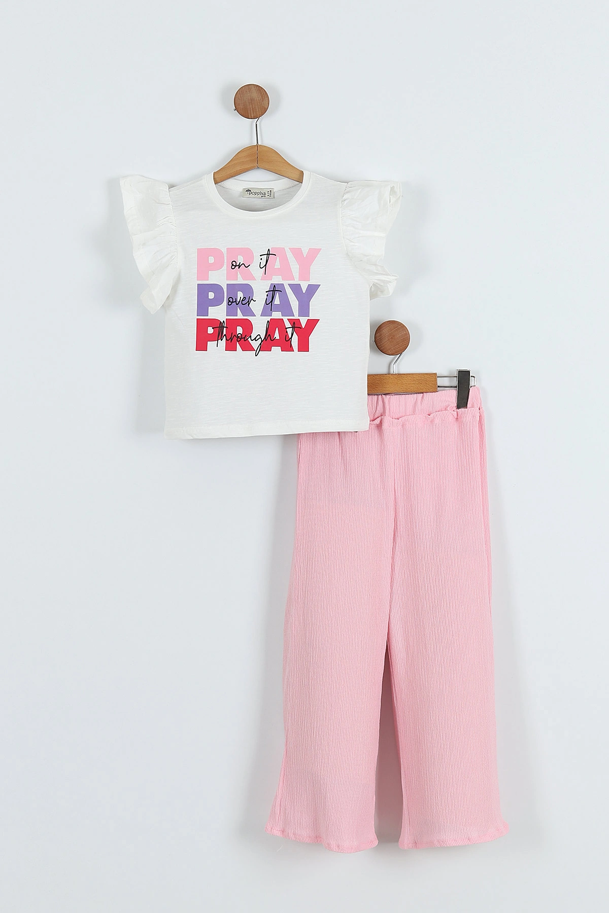 Pembe (6-9 Yaş) Pray Baskılı Bürümcük Pantolonlu Kız Çocuk Takım 283729