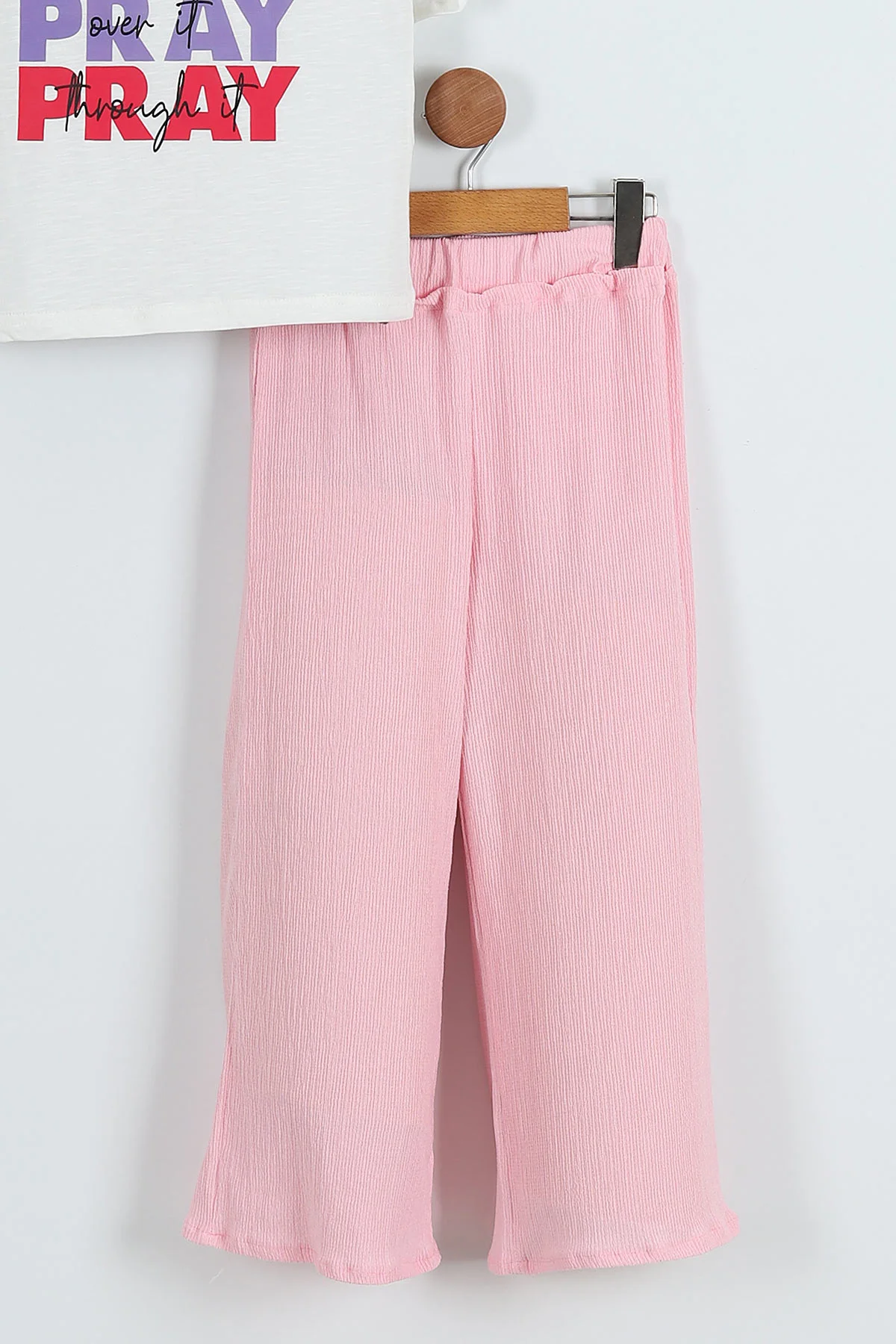 Pembe (6-9 Yaş) Pray Baskılı Bürümcük Pantolonlu Kız Çocuk Takım 283729