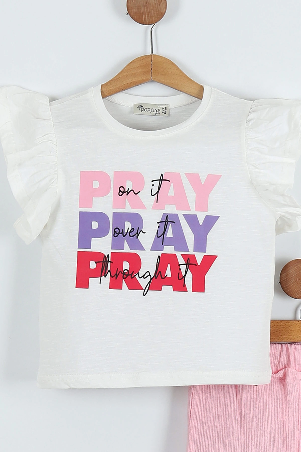 Pembe (6-9 Yaş) Pray Baskılı Bürümcük Pantolonlu Kız Çocuk Takım 283729