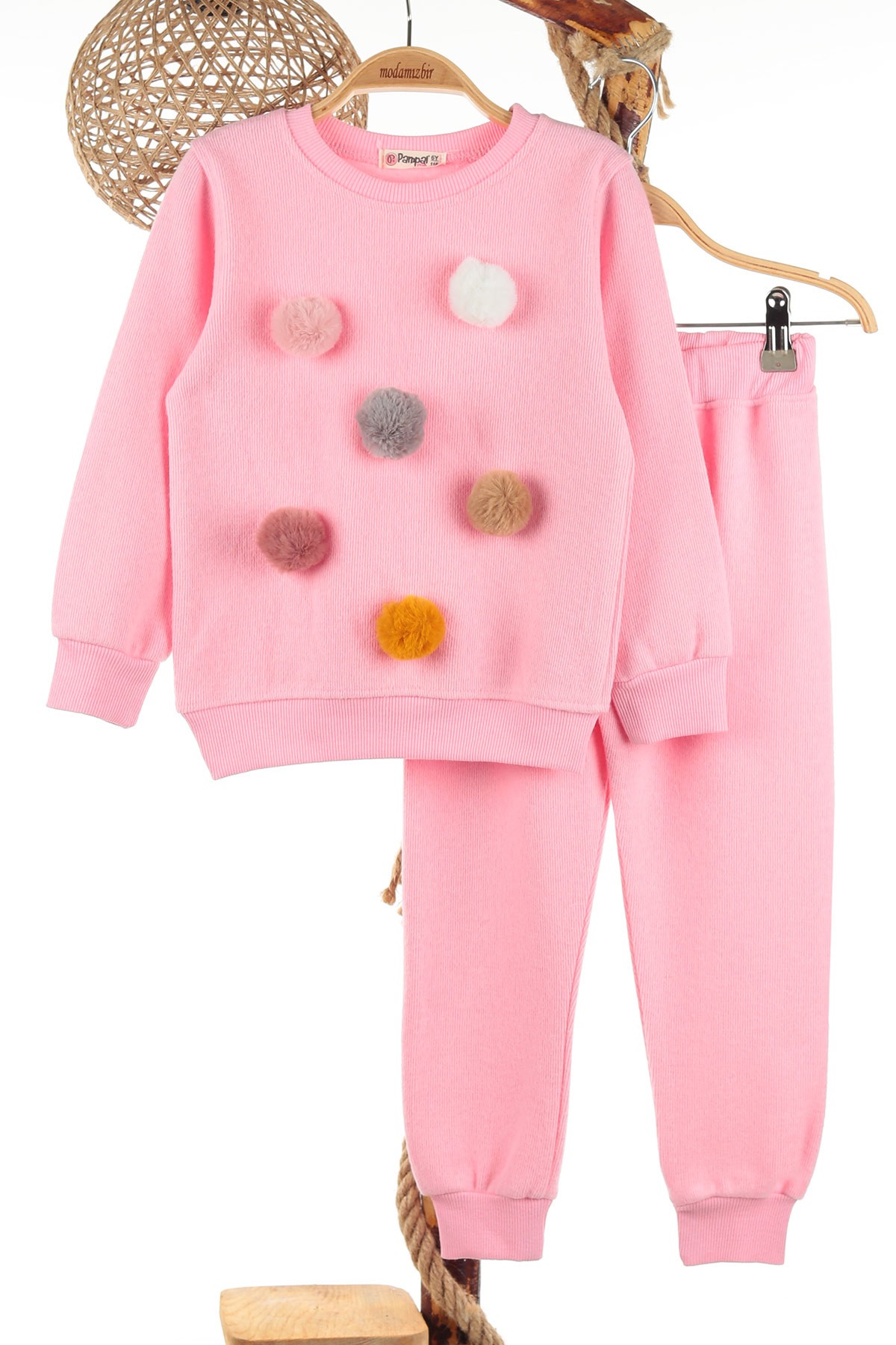 Pembe (6-9 Yaş) Rengarenk Ponponlu Selanik Kumaş Kız Çocuk Takım 144372