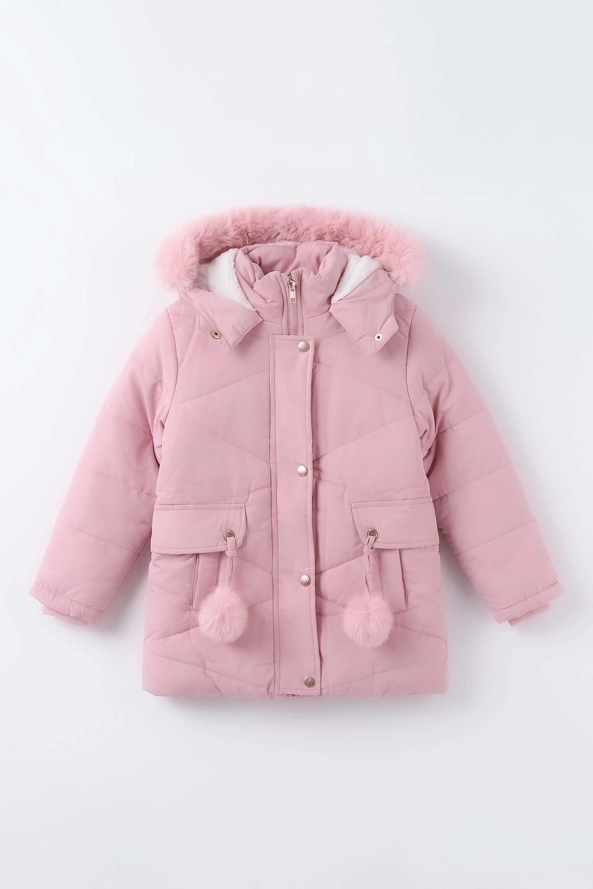 Pembe (6-9 Yaş)Cep Üstü Ponponlu İçi Kürklü Kapüşonlu Kız Çocuk Şişme Mont 496626
