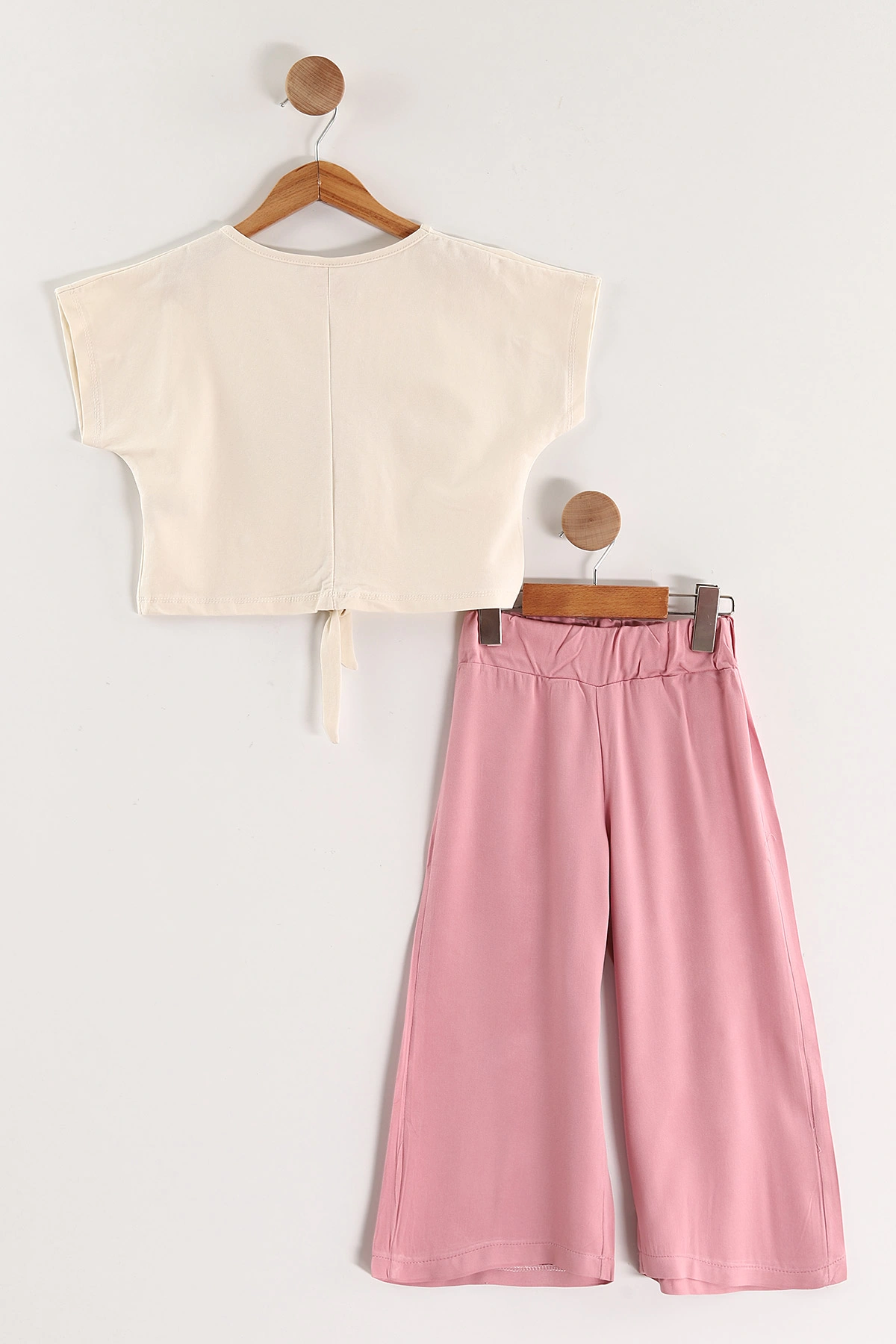 Pembe (6-9 Yaş)Love Taşlı Bağlamalı Belmando Bol Paça Pantolonlu Kız Çocuk Takım 436484