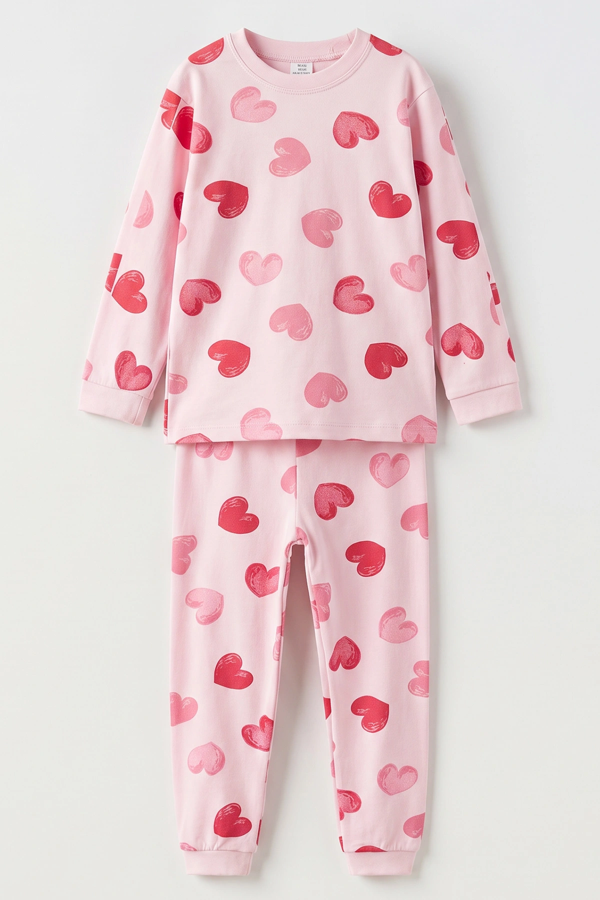 Pembe (6-9Yaş ) Kalp Baskılı Penye Kız Çocuk Pijama Takım 500341