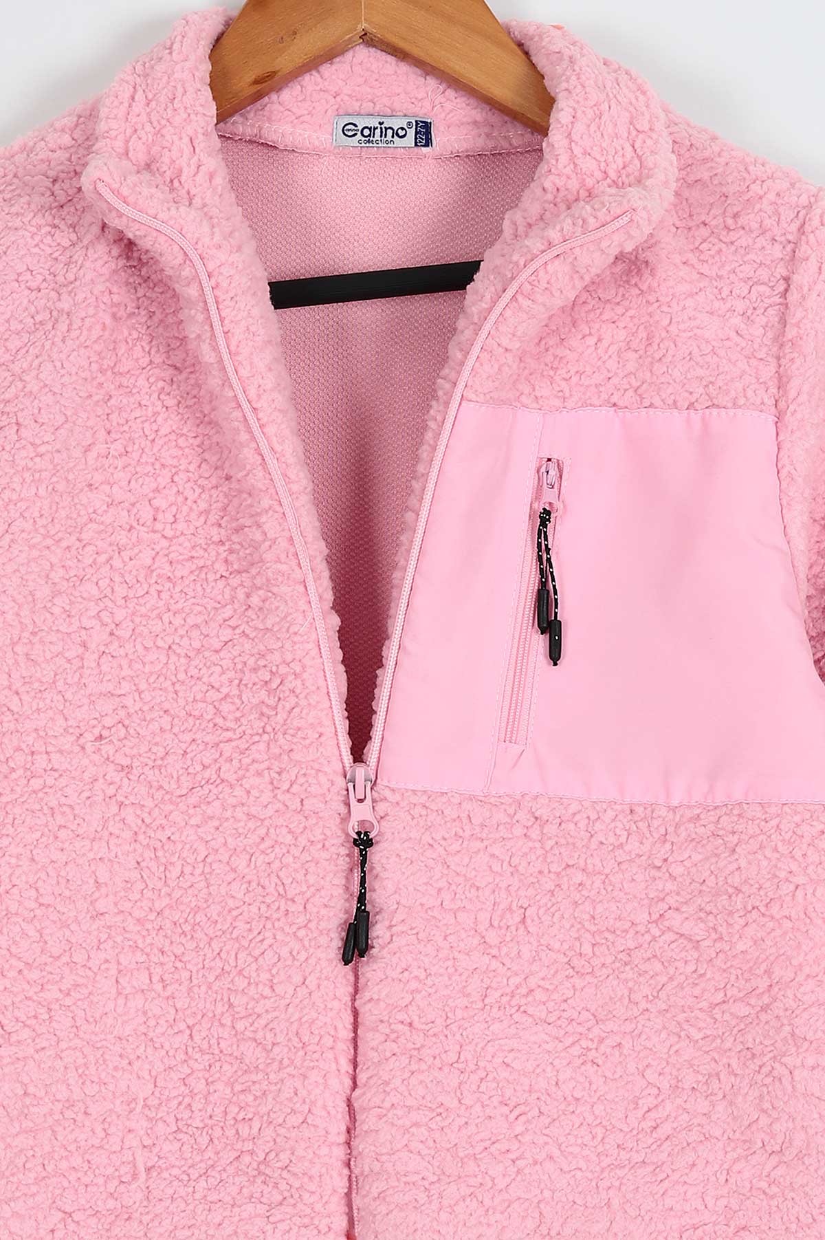 Pembe (7-10 Yaş) Cep Detaylı Fermuarlı Kuzu Kumaş Kız Çocuk Mont 206346