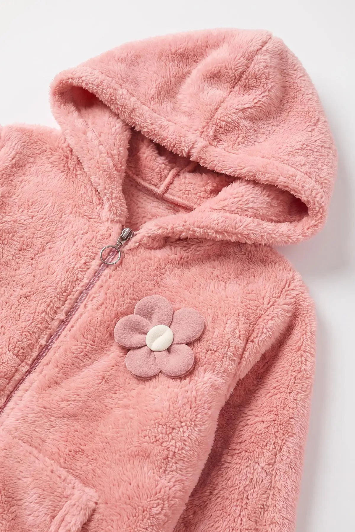 Pembe (7-12 Yaş) Papatya Aksesuarlı Kapüşonlu    Kız Çocuk Peluş Hırka 489006