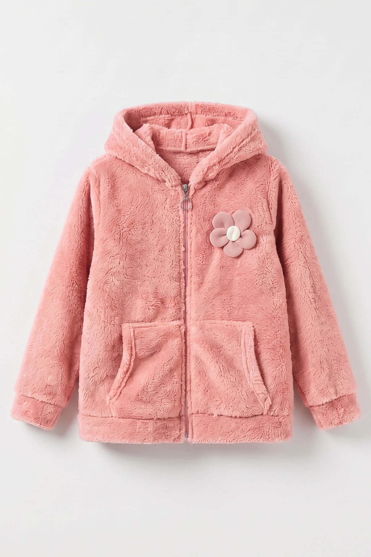 Pembe (7-12 Yaş) Papatya Aksesuarlı Kapüşonlu    Kız Çocuk Peluş Hırka 489006
