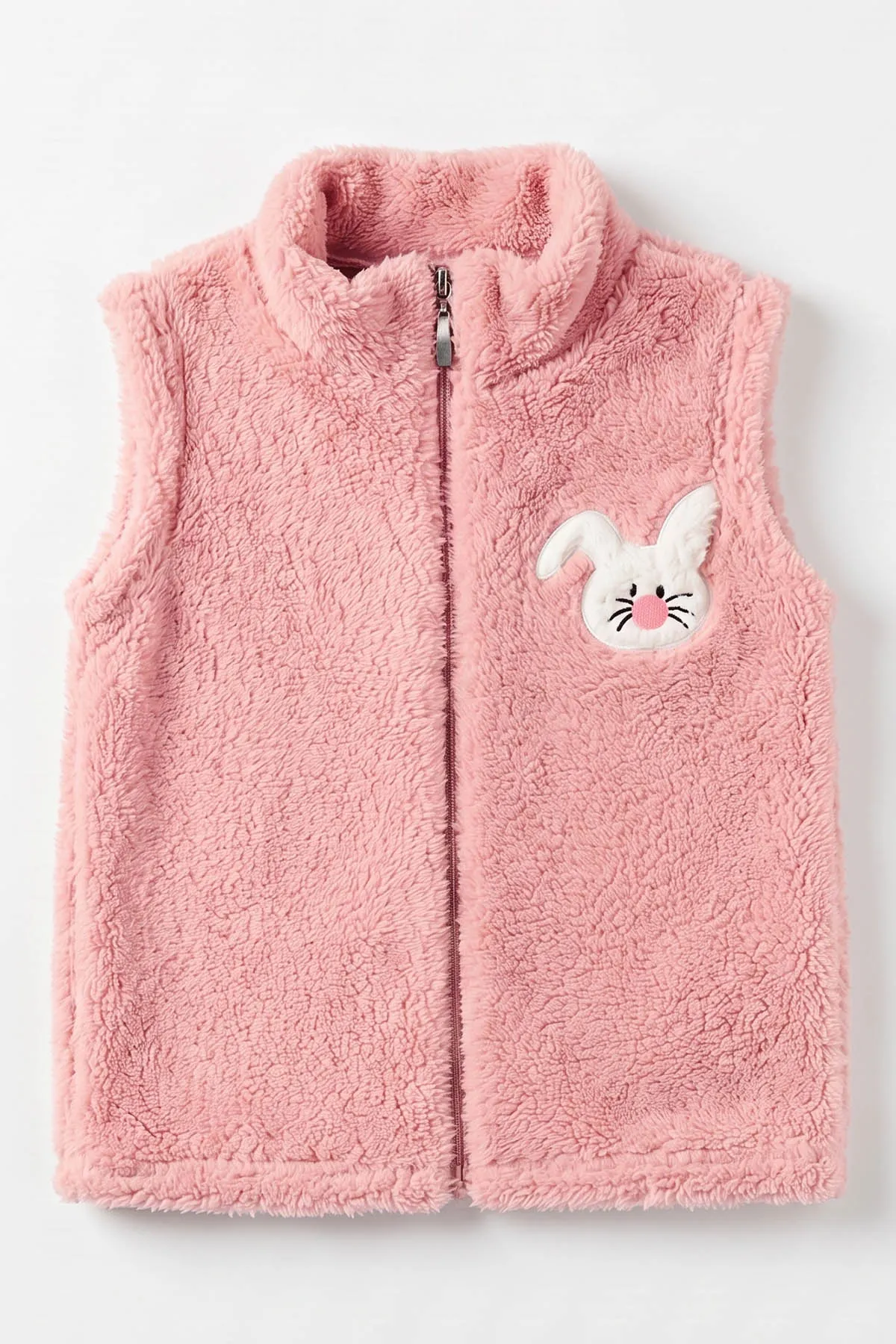 Pembe (7-12 Yaş) Tavşan Nakışlı  Peluş Kız Çocuk Yelek 497991