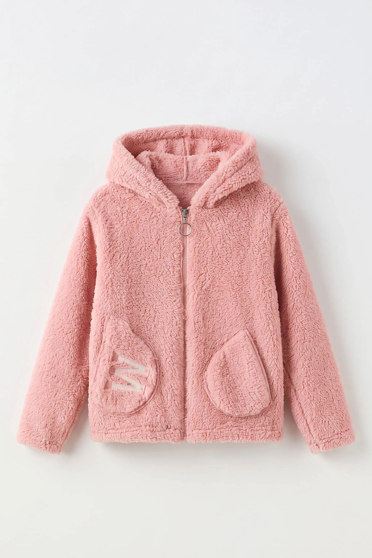 Pembe (7-12 Yaş)Cep Üstü W Nakışlı Kapüşonlu Peluş Kız Çocuk Hırka 498000