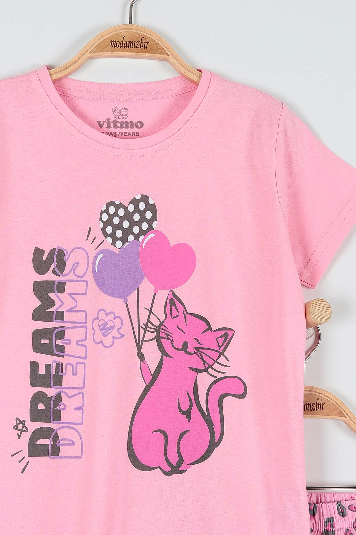 Pembe (7-9 Yaş) Kedi Balonlu Baskılı Kaprili KIz Çocuk Pijama Takımı 182013