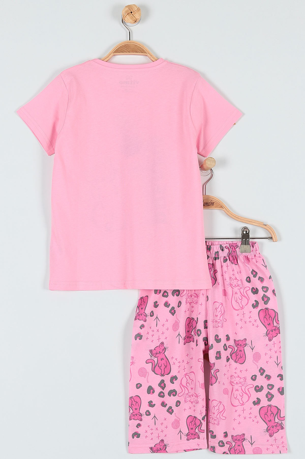Pembe (7-9 Yaş) Kedi Balonlu Baskılı Kaprili KIz Çocuk Pijama Takımı 182013