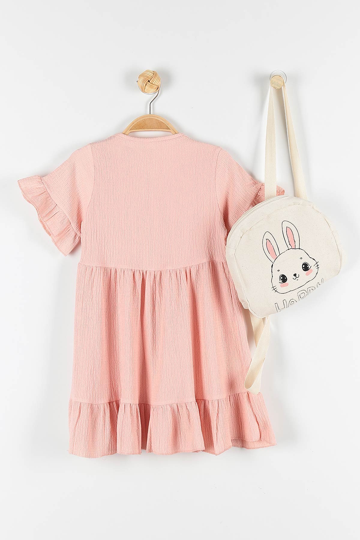 Pembe (8-11 Yaş) Tavşan Baskılı Çanta Aksesuarlı Fırfırlı Kız Çocuk Elbise 172272
