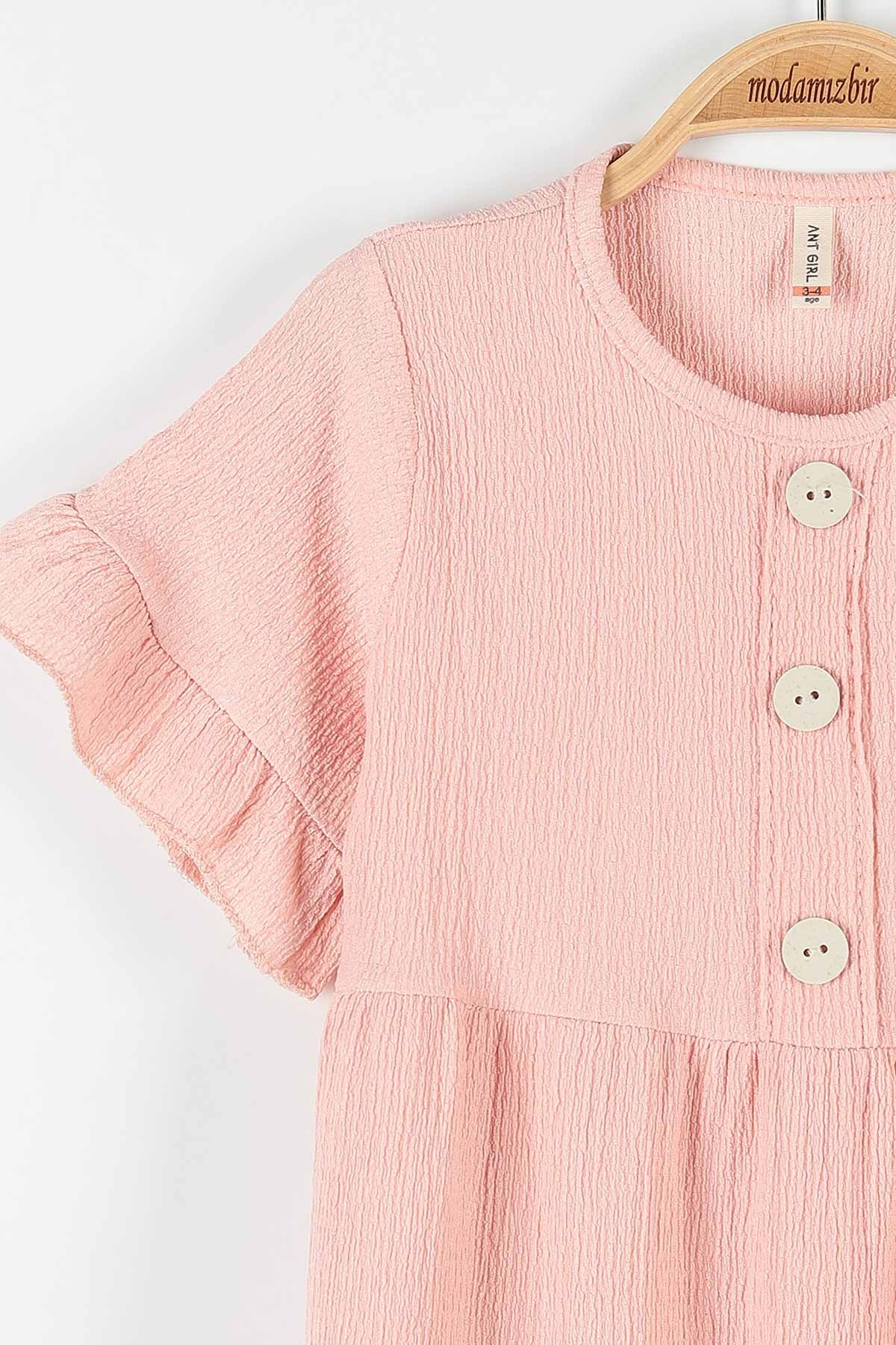 Pembe (8-11 Yaş) Tavşan Baskılı Çanta Aksesuarlı Fırfırlı Kız Çocuk Elbise 172272