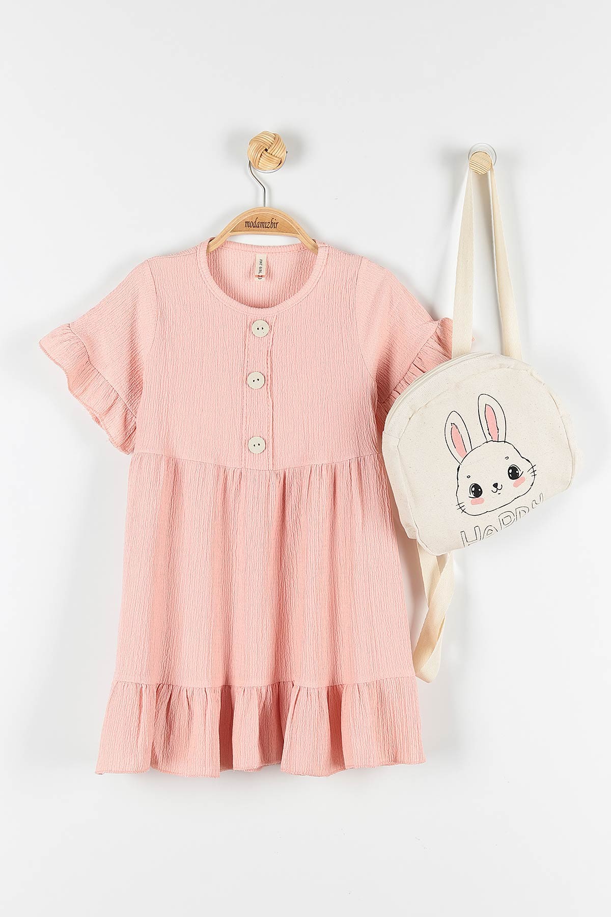 Pembe (8-11 Yaş) Tavşan Baskılı Çanta Aksesuarlı Fırfırlı Kız Çocuk Elbise 172272