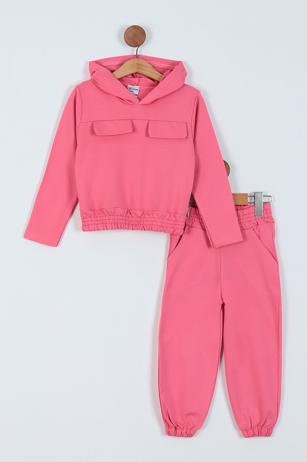 Pembe (8-12 Yaş) Çift Cepli Bel Lastikli Kapüşonlu İki İp Kız Çocuk Takım 219777