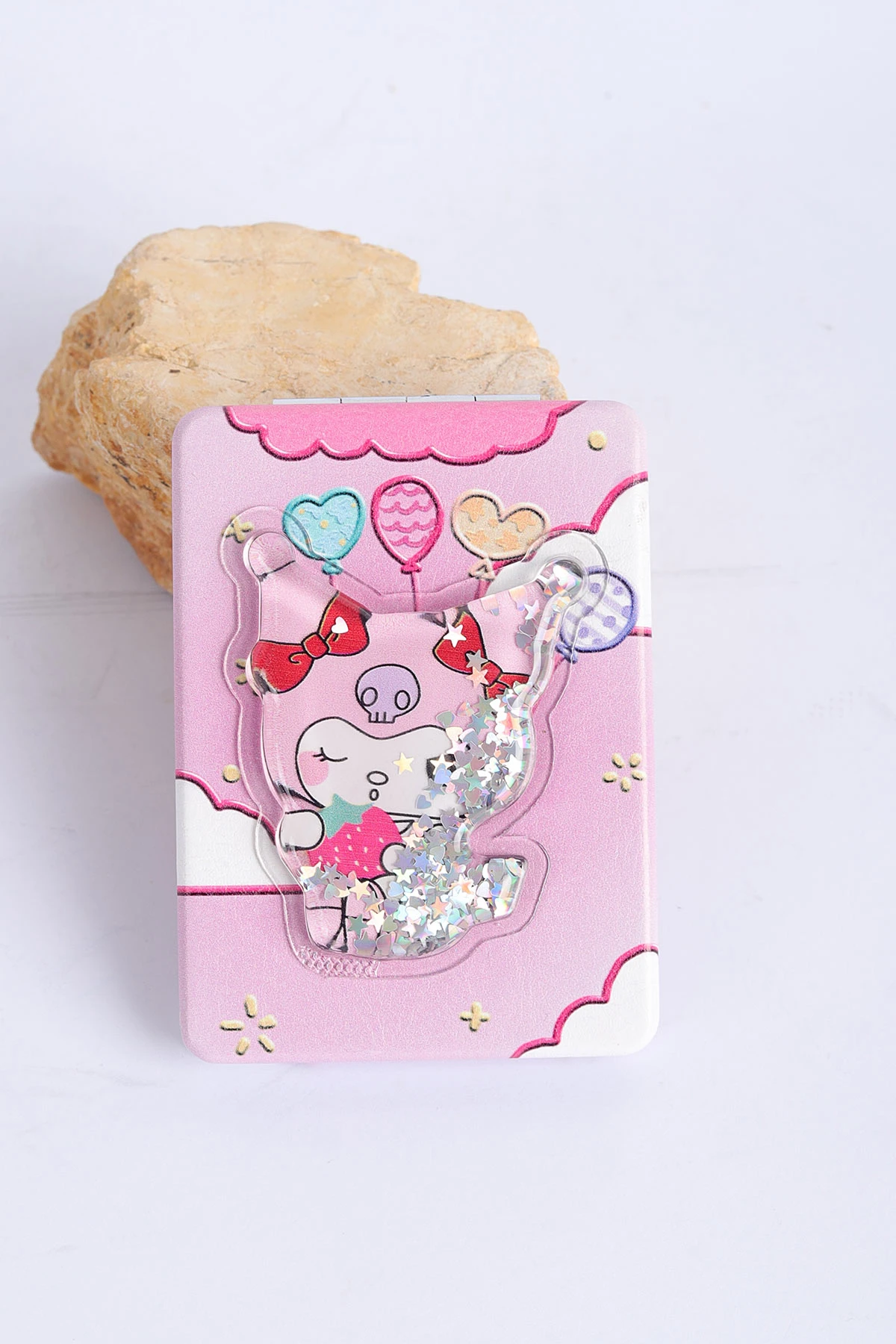 Pembe 8.5x6 Cm Kuromi Karakterli Simli Sulu Cep Çanta Aynası 317194