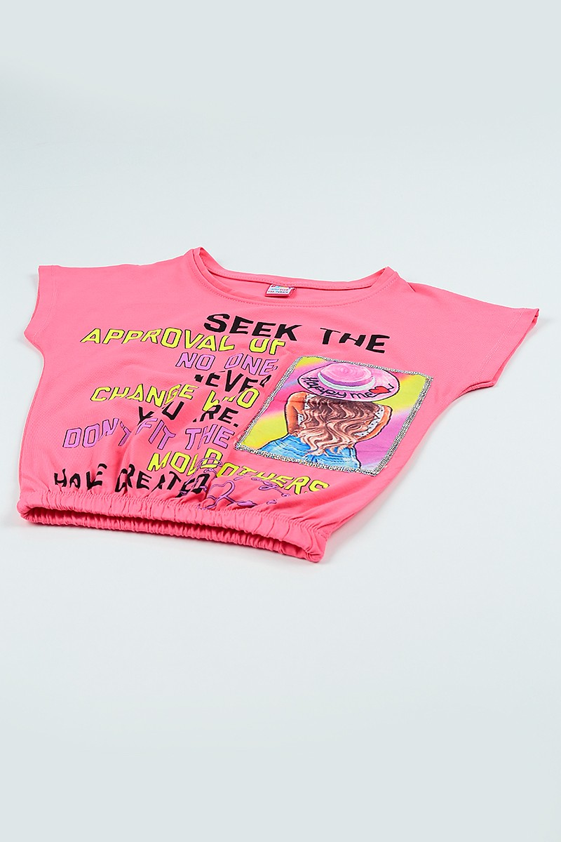 Pembe (9-12 Yaş) Baskılı Beli Lastikli Kız Çocuk Tişört 105271