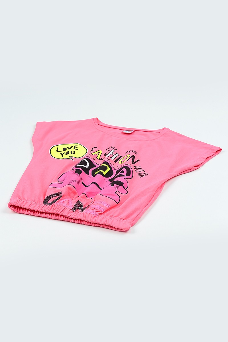 Pembe (9-12 Yaş) Baskılı Beli Lastikli Kız Çocuk Tişört 105302