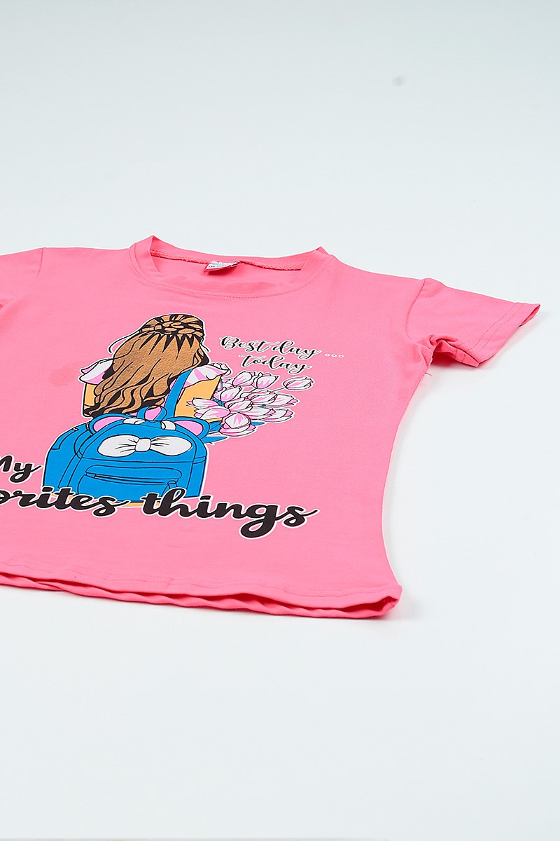 Pembe (9-12 Yaş) Baskılı Kız Çocuk Tişört 105283