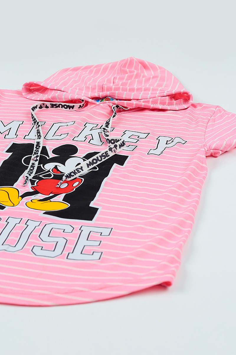 Pembe (9-12 yaş) Kapşonlu Mickey Mouse Baskılı Kız Çocuk Tişört 105689