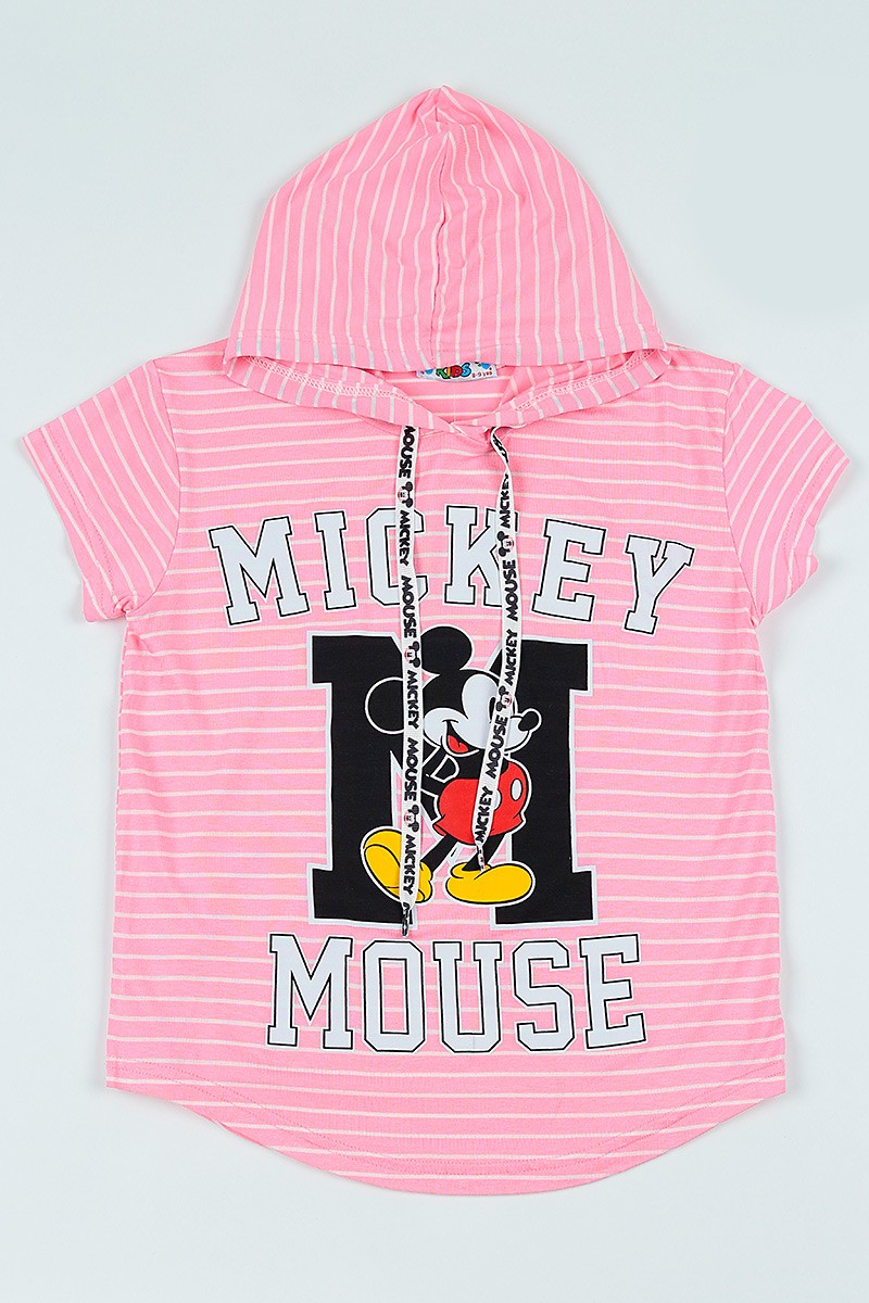 Pembe (9-12 yaş) Kapşonlu Mickey Mouse Baskılı Kız Çocuk Tişört 105689