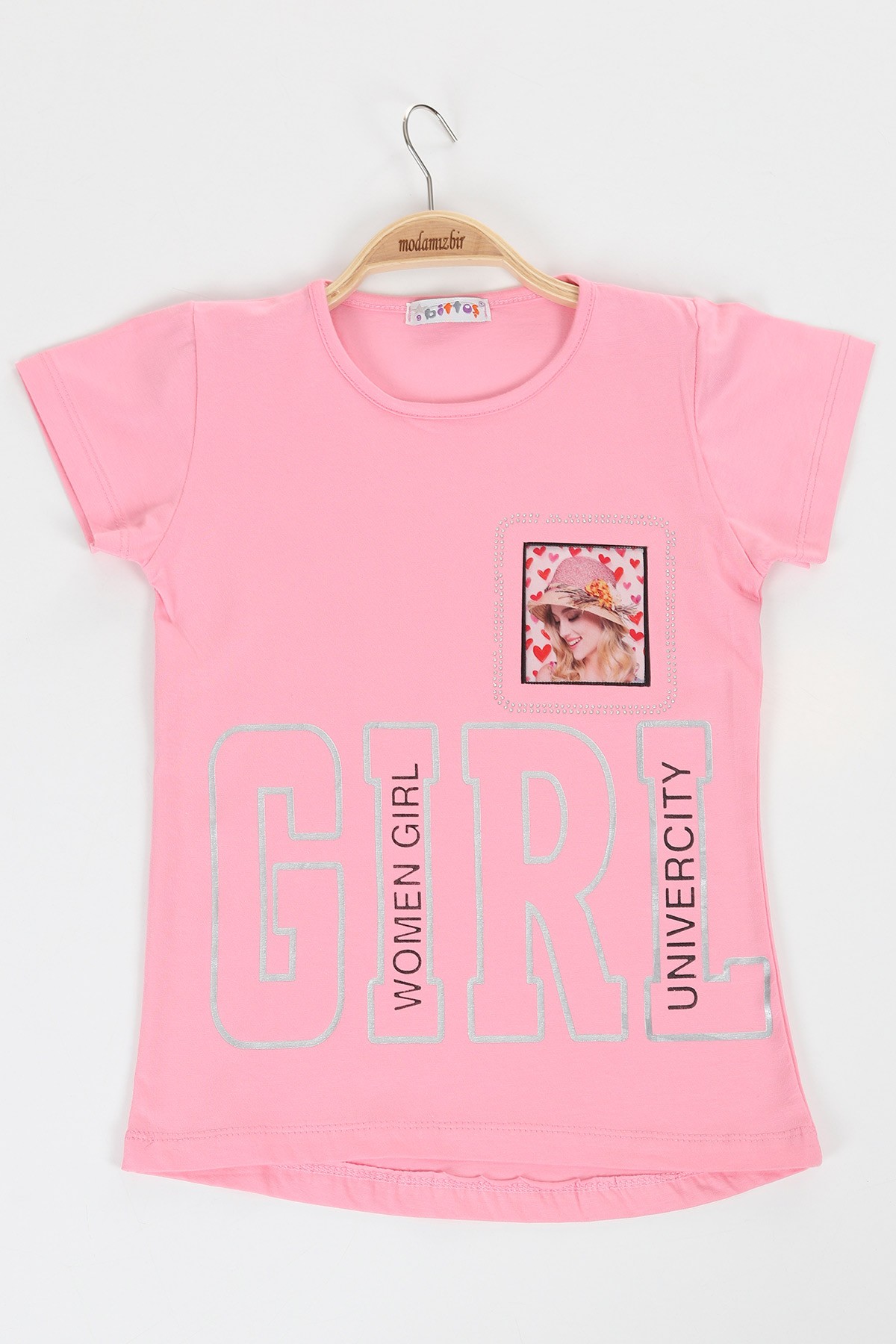 Pembe (9-12 yaş) Taşlı Kız Poster Baskılı Kız Çocuk Tişört 119583