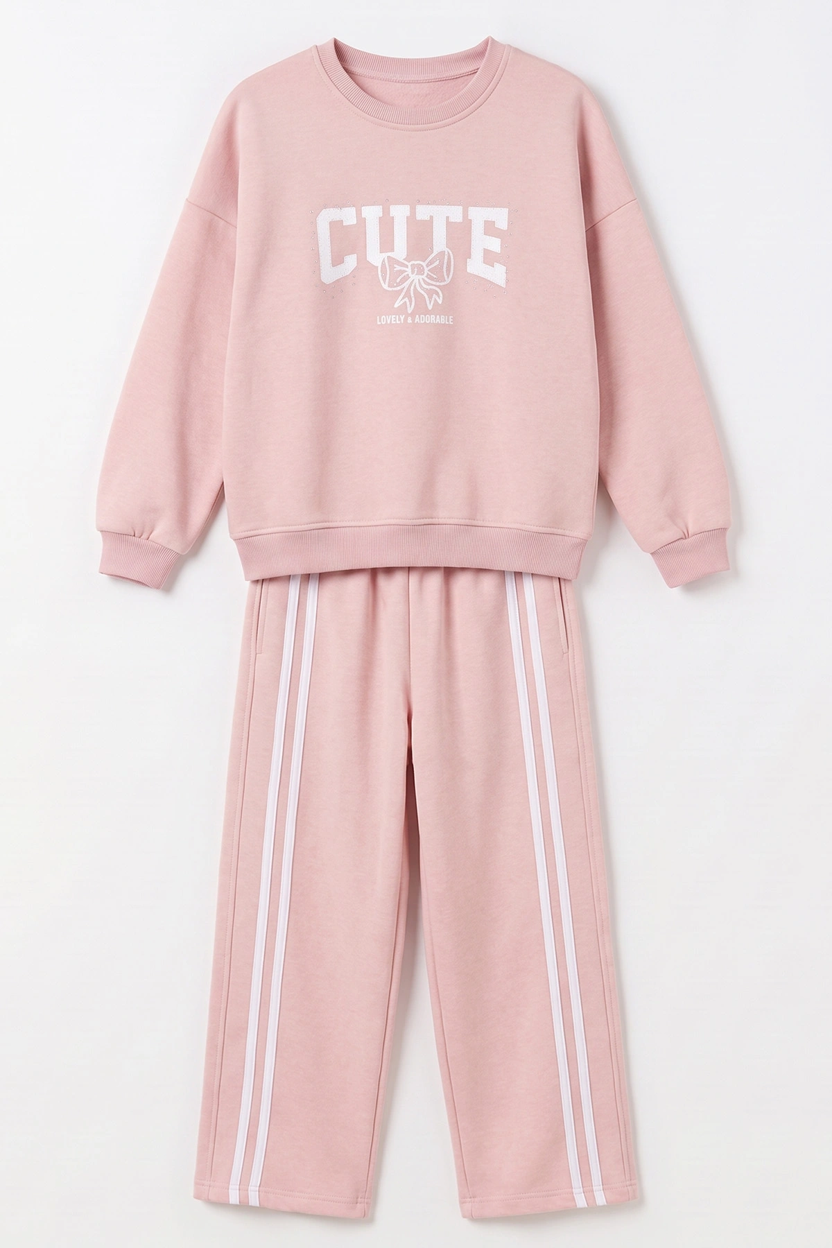 Pembe (9-13 Yaş) Cute Taş Baskılı 3 İp Şardonlu Kız Çocuk Kışlık Takım 493981