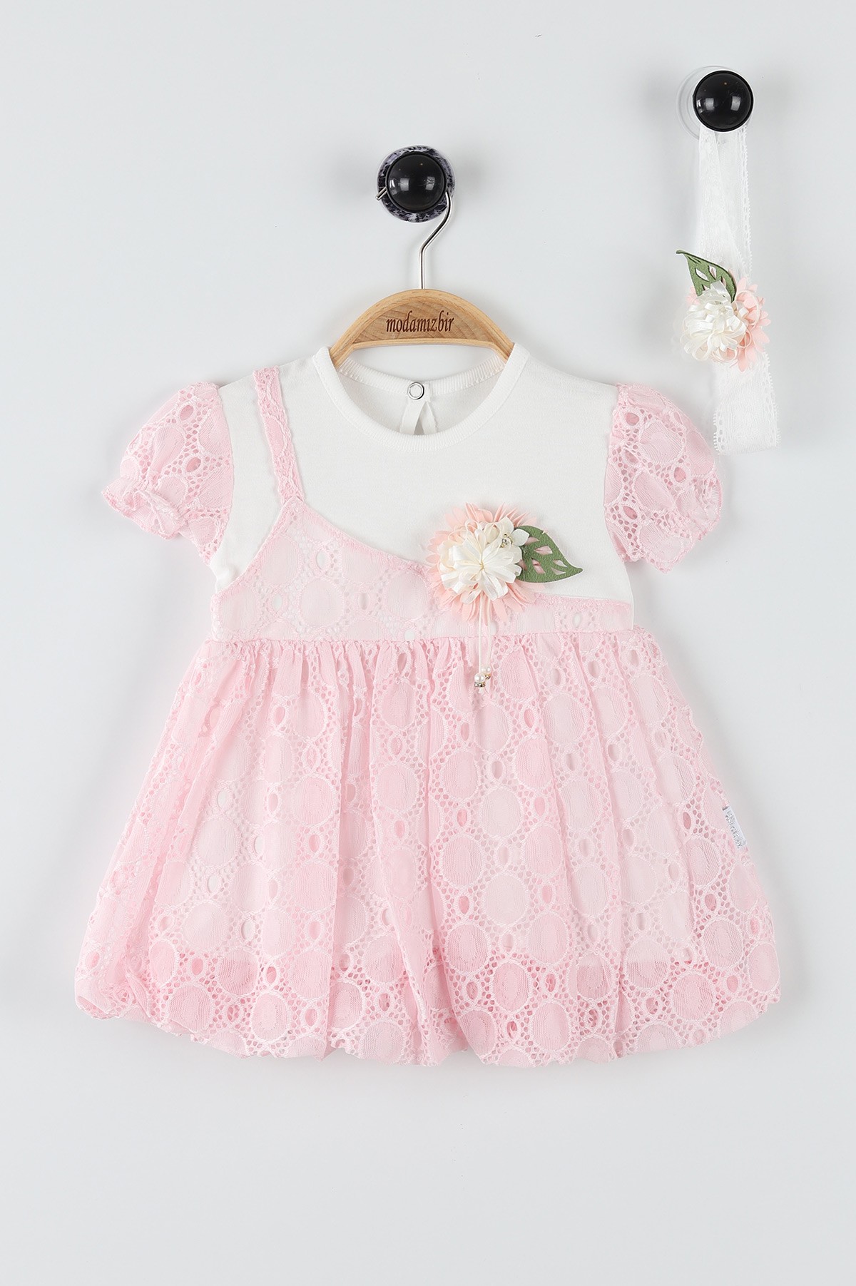 Pembe (9-18 Ay) Çiçek Bronşlu Kol Lastikli Kız Bebe Elbise 169851