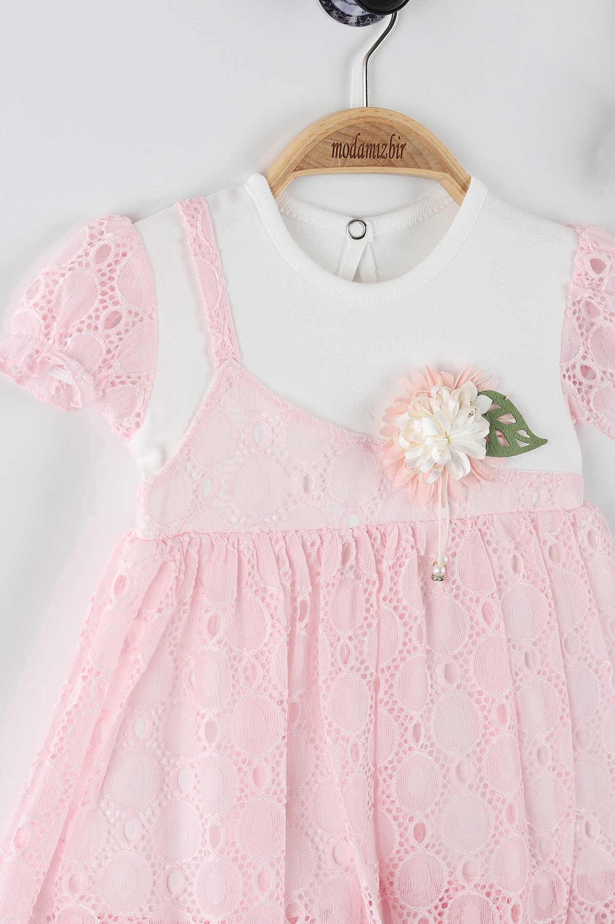 Pembe (9-18 Ay) Çiçek Bronşlu Kol Lastikli Kız Bebe Elbise 169851