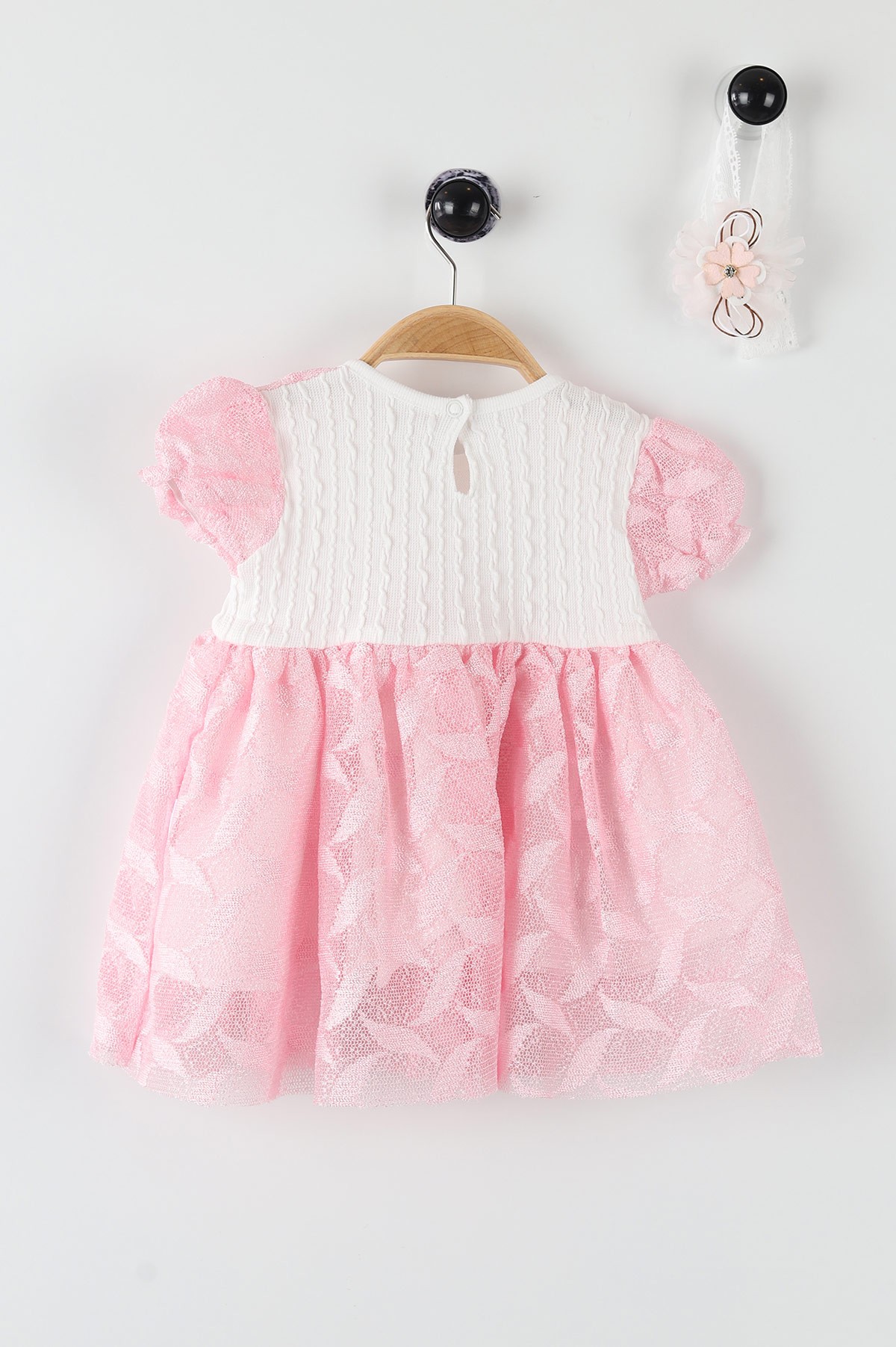 Pembe (9-18 Ay) Çiçek Taş İşlemeli Tüllü Kol Fırfırlı Kız Bebe Elbise 169848