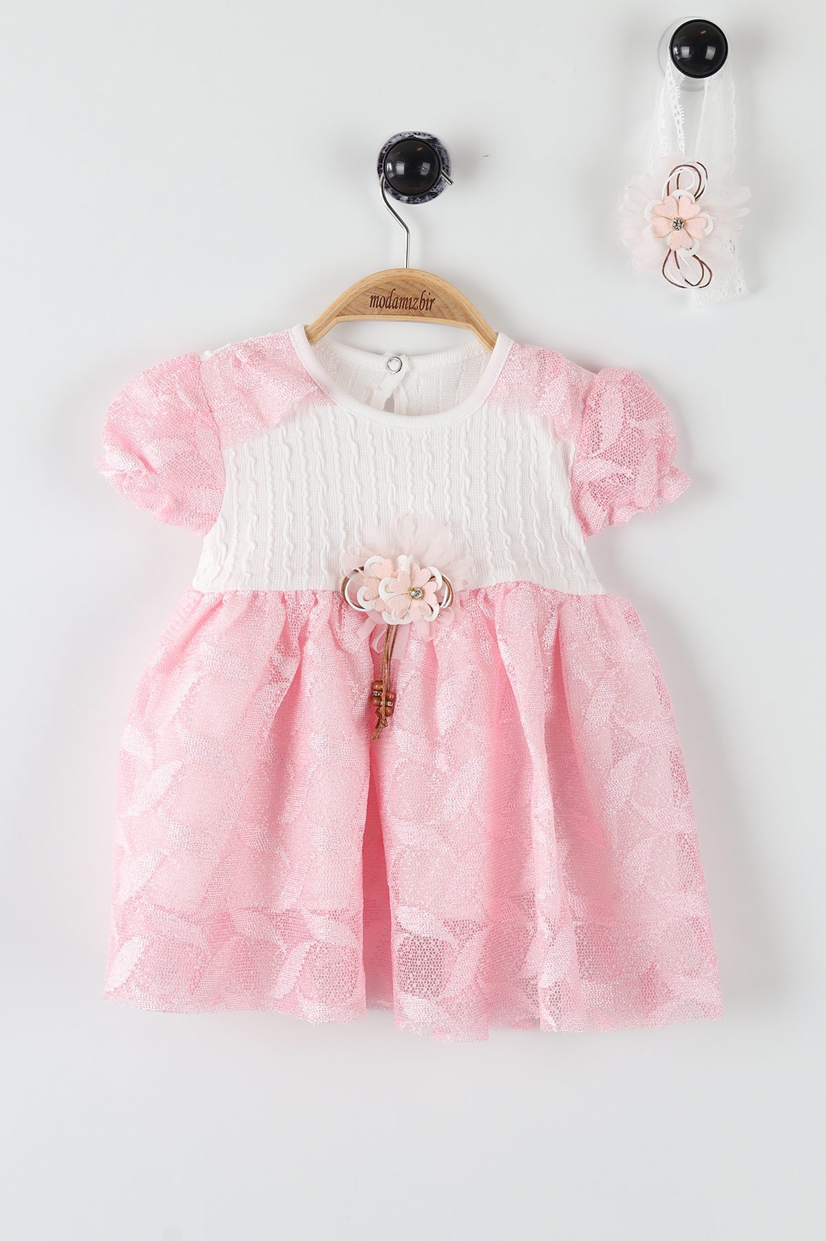 Pembe (9-18 Ay) Çiçek Taş İşlemeli Tüllü Kol Fırfırlı Kız Bebe Elbise 169848