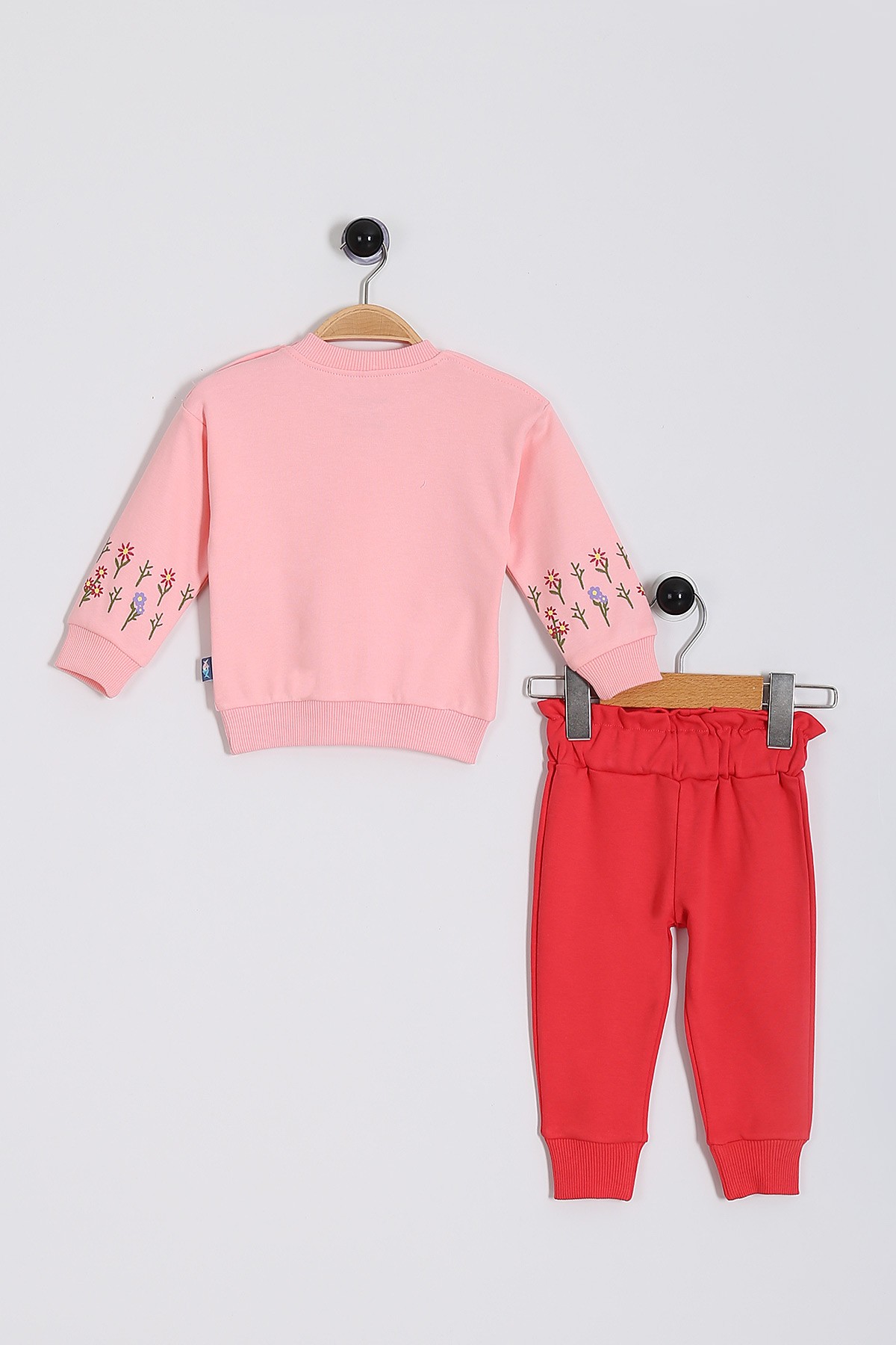 Pembe (9-24 Ay) Çiçek Baskılı Cep Jakarlı Kız Bebe Takım 199190