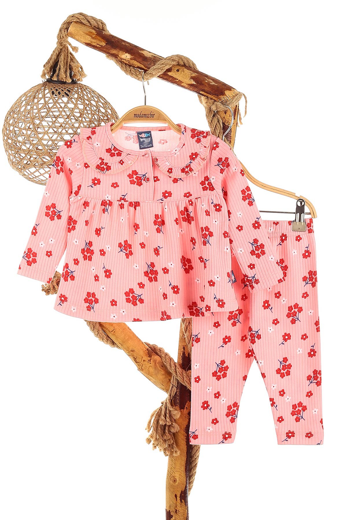 Pembe (9-24 Ay) Çiçek Desenli Raporlu İnterlok Kız Çocuk Takım 152047