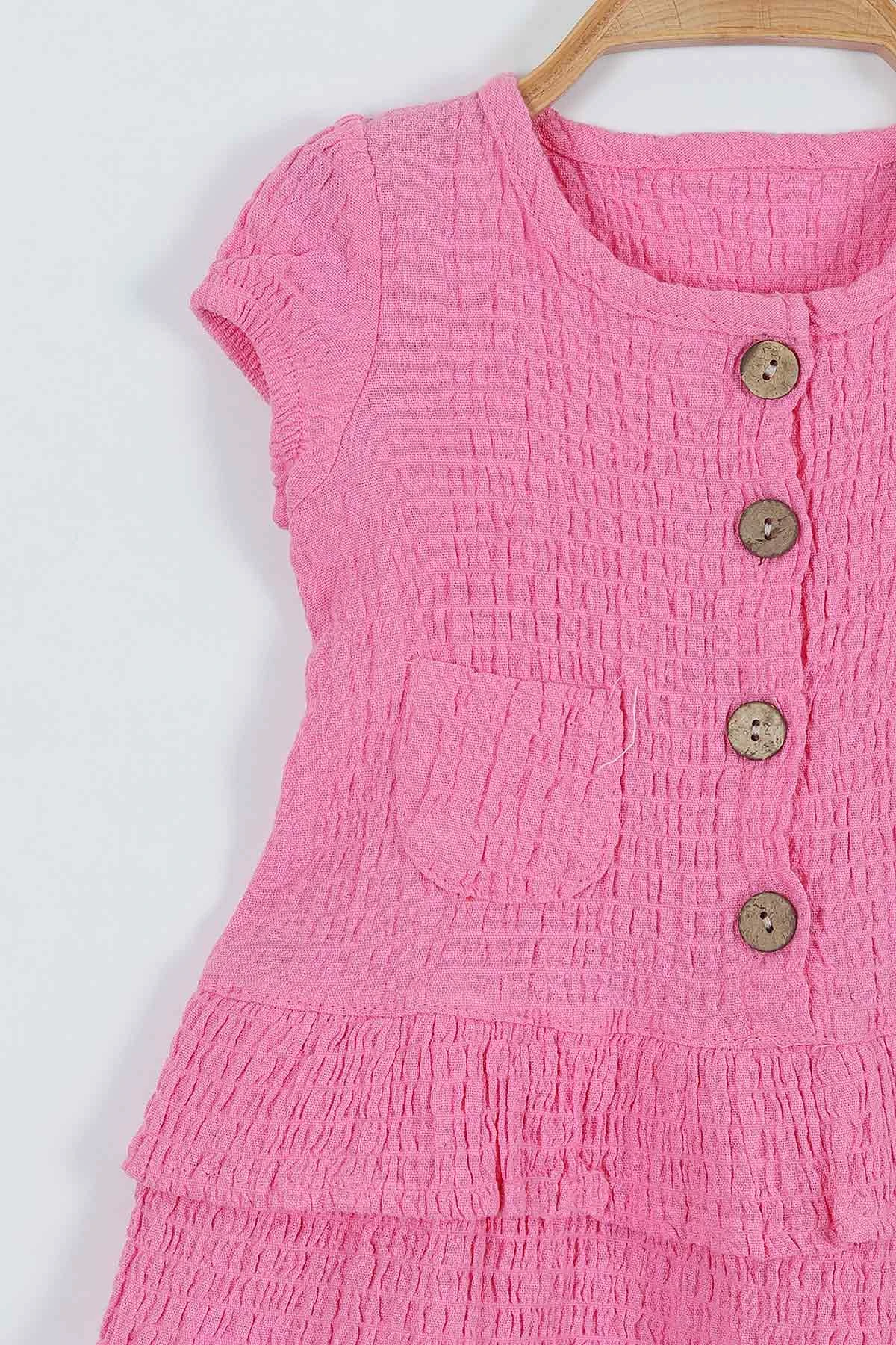 Pembe (9-24 Ay) Düğmeli Cepli Kat Kat Etekli Kız Bebek Elbise 263879