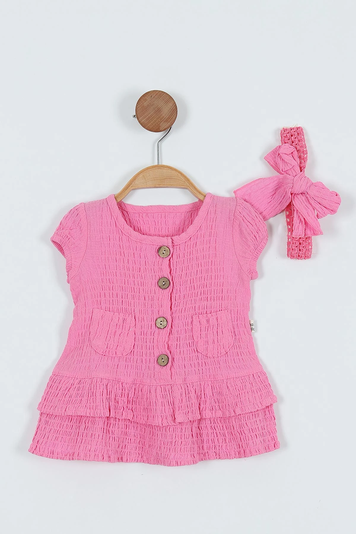 Pembe (9-24 Ay) Düğmeli Cepli Kat Kat Etekli Kız Bebek Elbise 263879